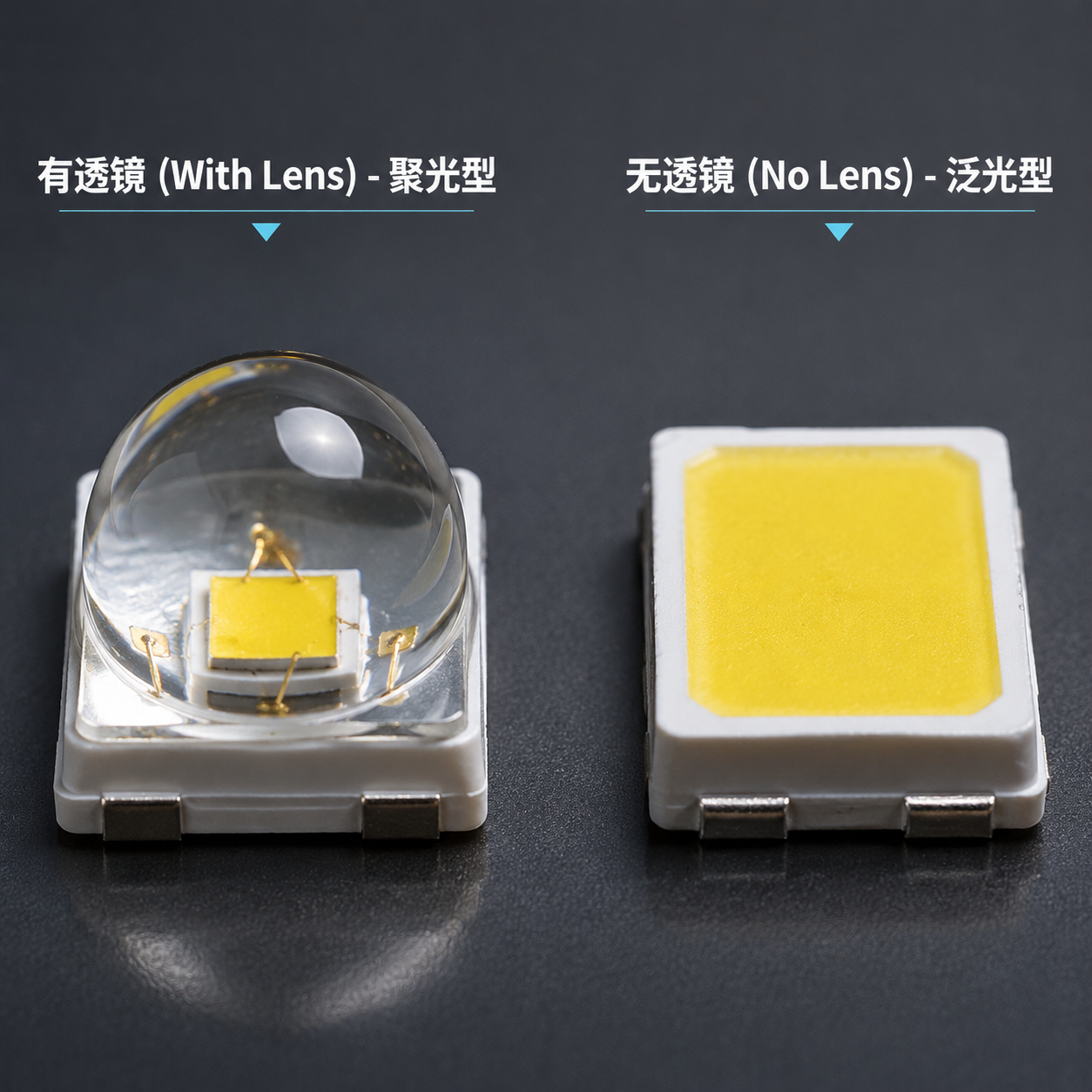 有透镜和无透镜LED灯珠的特写对比,展示有透镜灯珠的“透明小帽子”结构和无透镜灯珠的平面外观