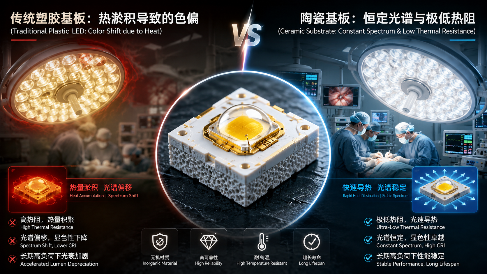 医疗级陶瓷灯珠与传统塑胶封装LED在手术照明中的性能对比图