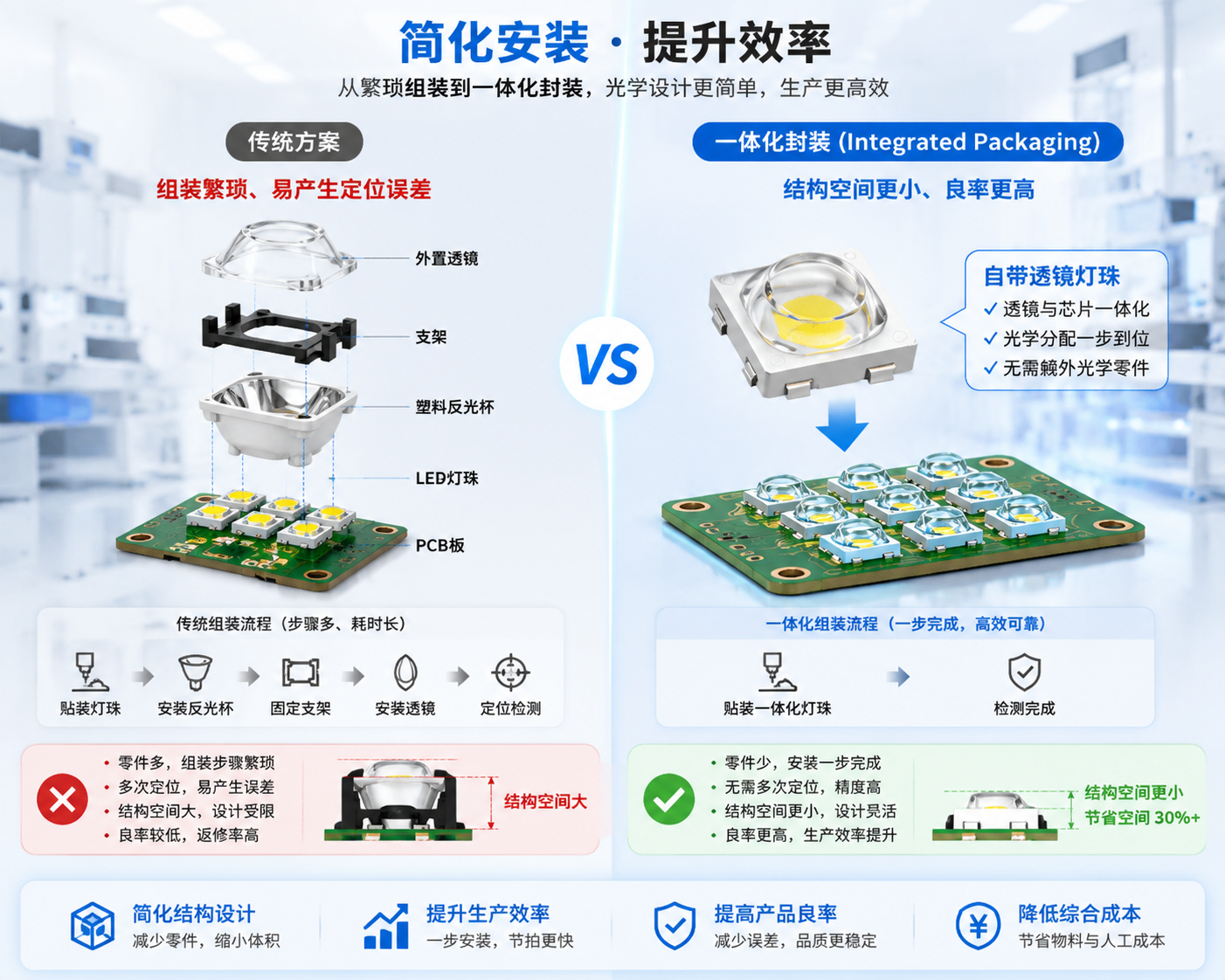 自带透镜LED灯珠与传统LED灯具组装流程对比，展示一体化封装如何简化安装并减少零件