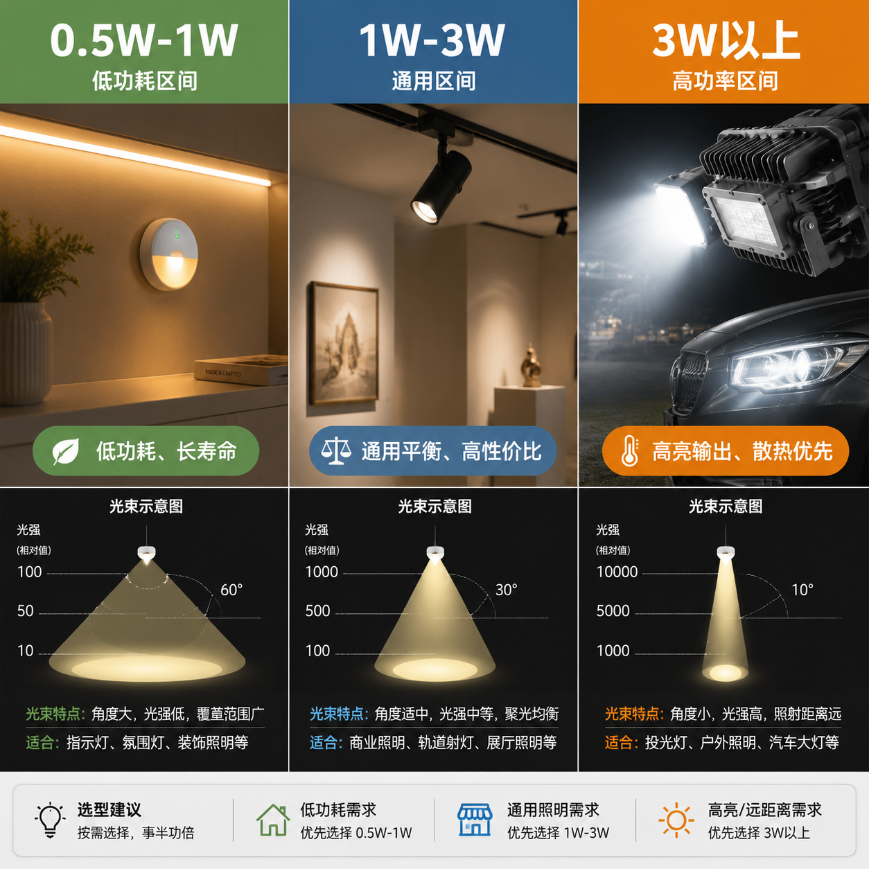 对比图解:透镜LED灯珠不同功率范围(0.5W-1W, 1W-3W, 3W+)的应用场景,如指示灯、射灯和户外照明,并说明其特点及散热需求。
