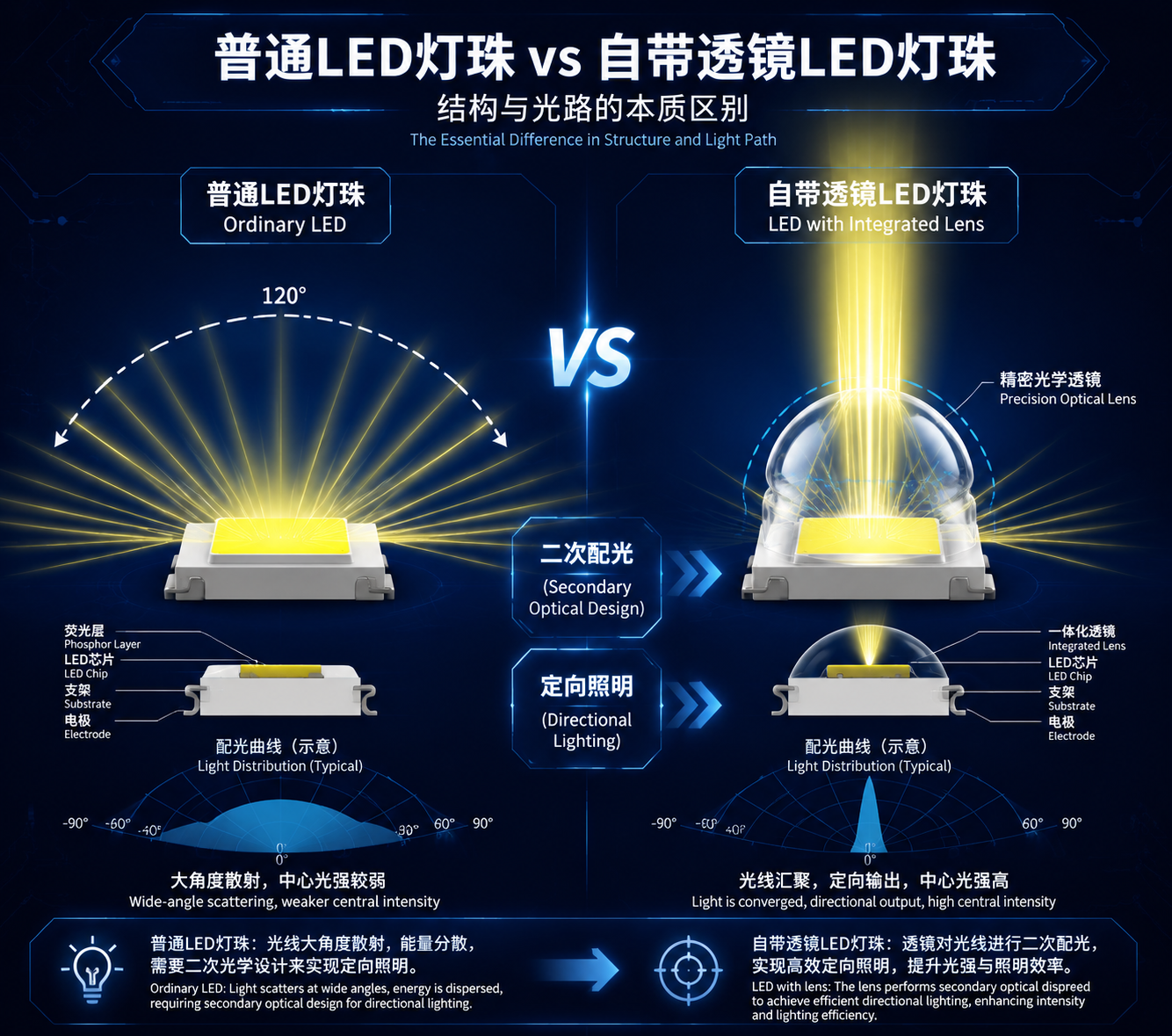 LED灯珠自带透镜与普通LED灯珠的配光对比示意图，展示透镜如何实现二次配光和定向照明