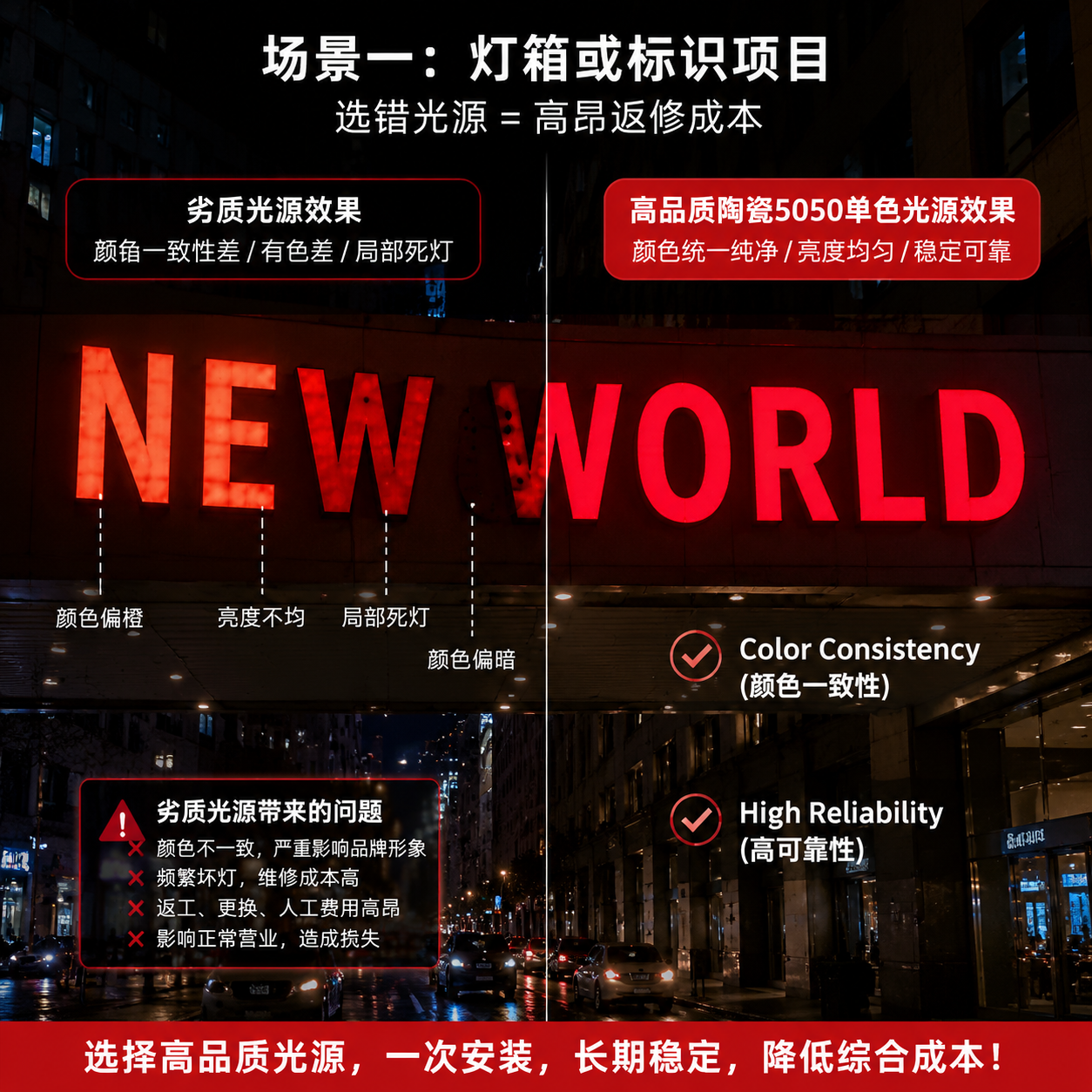 户外发光字广告牌对比图,展示劣质LED光源导致颜色不均与光衰,与陶瓷5050单色光源实现的高颜色一致性和亮度均匀性