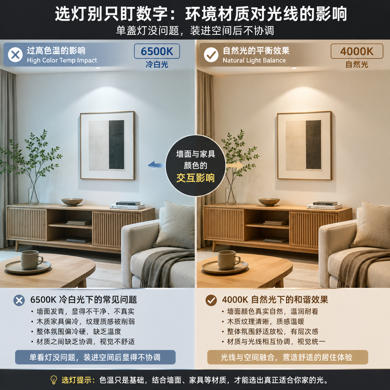 不同色温对客厅环境影响的对比:高色温6500K使白墙发青家具冷硬,4000K自然光使墙面真实木质温暖,强调选灯时需考虑墙面和家具颜色。