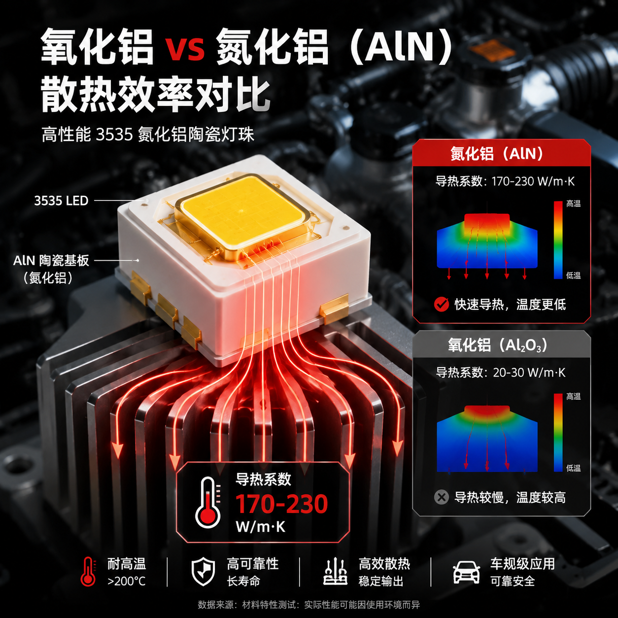 微观特写展示3535型氮化铝（AlN）陶瓷灯珠的散热原理，芯片热量通过高导热系数的陶瓷底座迅速排出，有效解决热衰减问题。