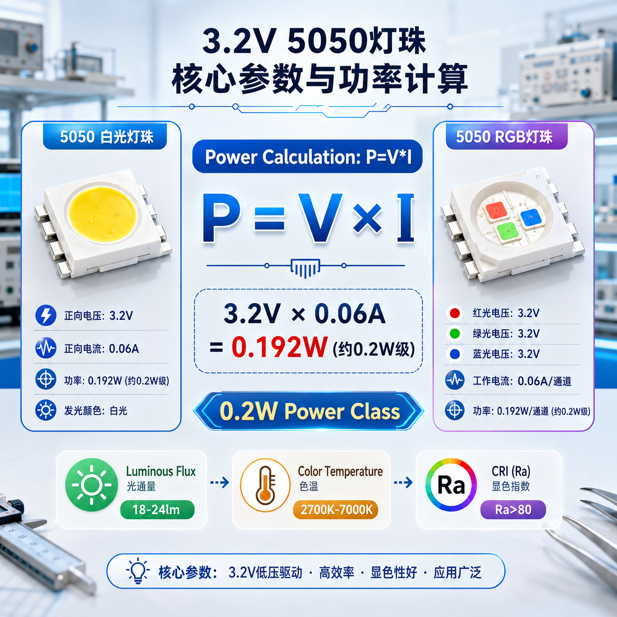 3.2V 5050灯珠核心参数与功率计算示意图,展示P=V×I公式及0.2W级估算,并列出光通量、色温和显色指数等关键信息。