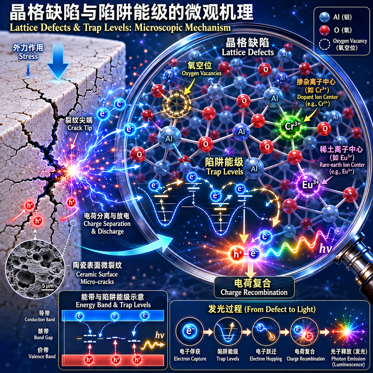 氧化铝冲击发光的微观机理图，展示了晶格缺陷、氧空位、陷阱能级与裂纹尖端电荷分离导致光子发射的过程