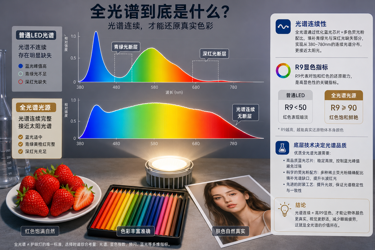 全光谱灯(下)与普通LED灯(上)的光谱曲线对比图,展示全光谱灯更连续、接近自然的光谱分布,以及在颜色还原(如草莓、彩铅、肤色)上的优势。