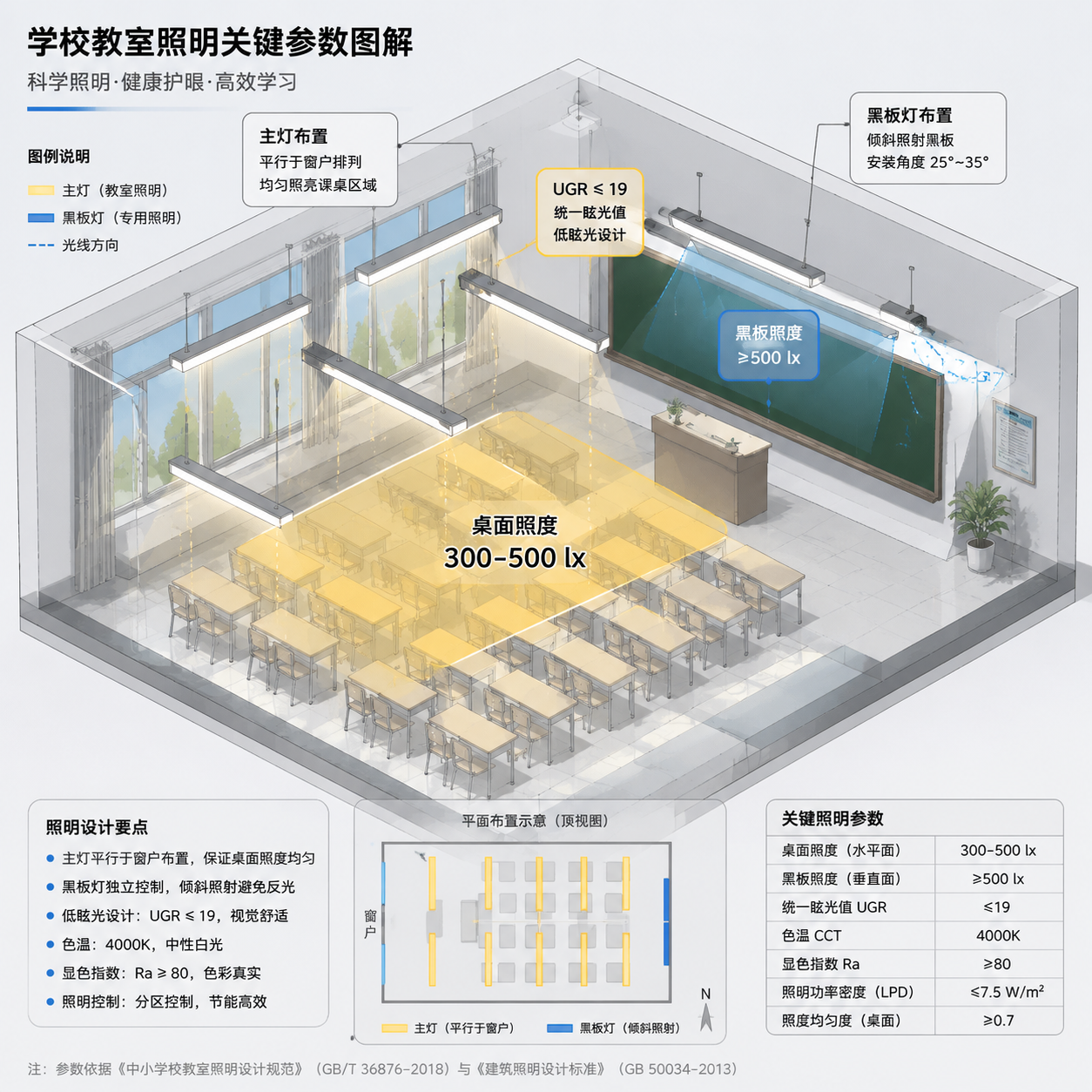 学校教室照明关键参数3D技术图解，显示桌面照度、黑板照度与眩光控制UGR值，并示意灯具排布。