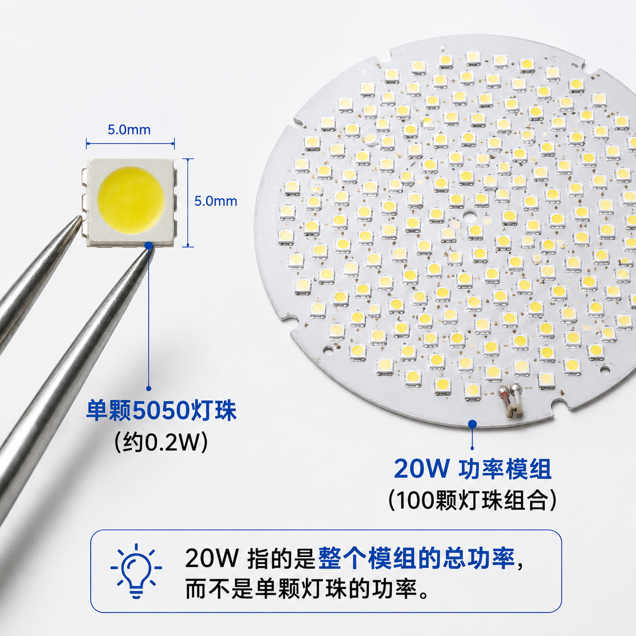 一颗微小的5050灯珠与由约100颗5050灯珠组成的20W功率模组对比图，直观展示20W通常指模组而非单颗灯珠的功率。
