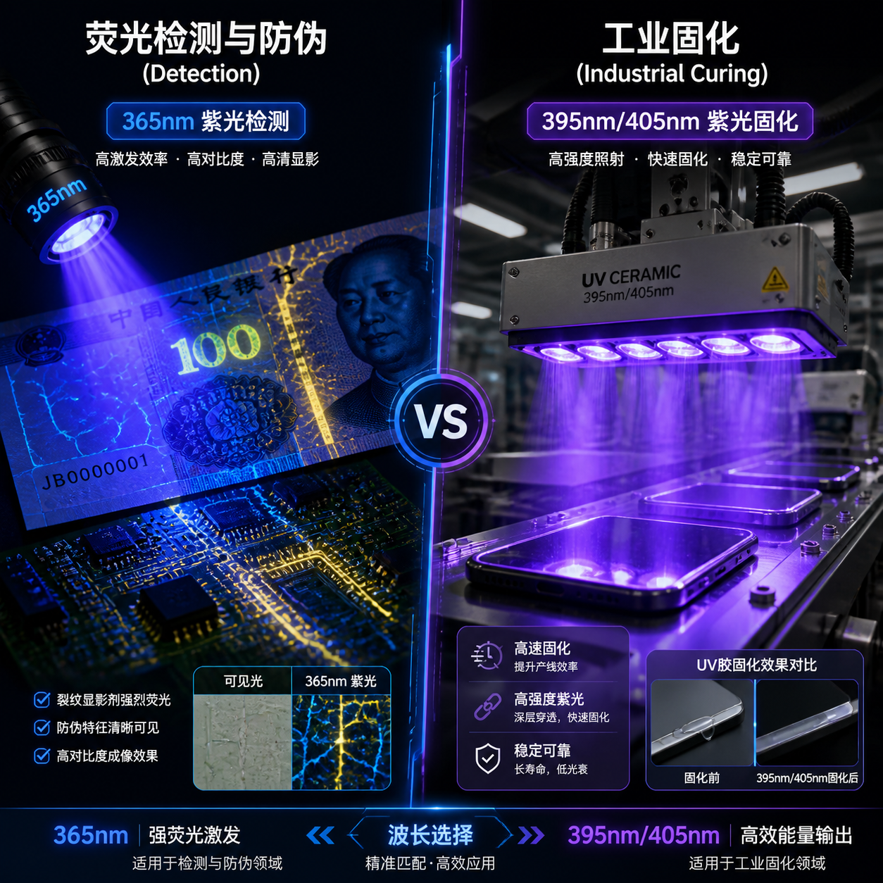 紫光陶瓷灯珠两大核心应用场景:左侧为365nm荧光检测防伪,右侧为395nm/405nm工业UV固化。