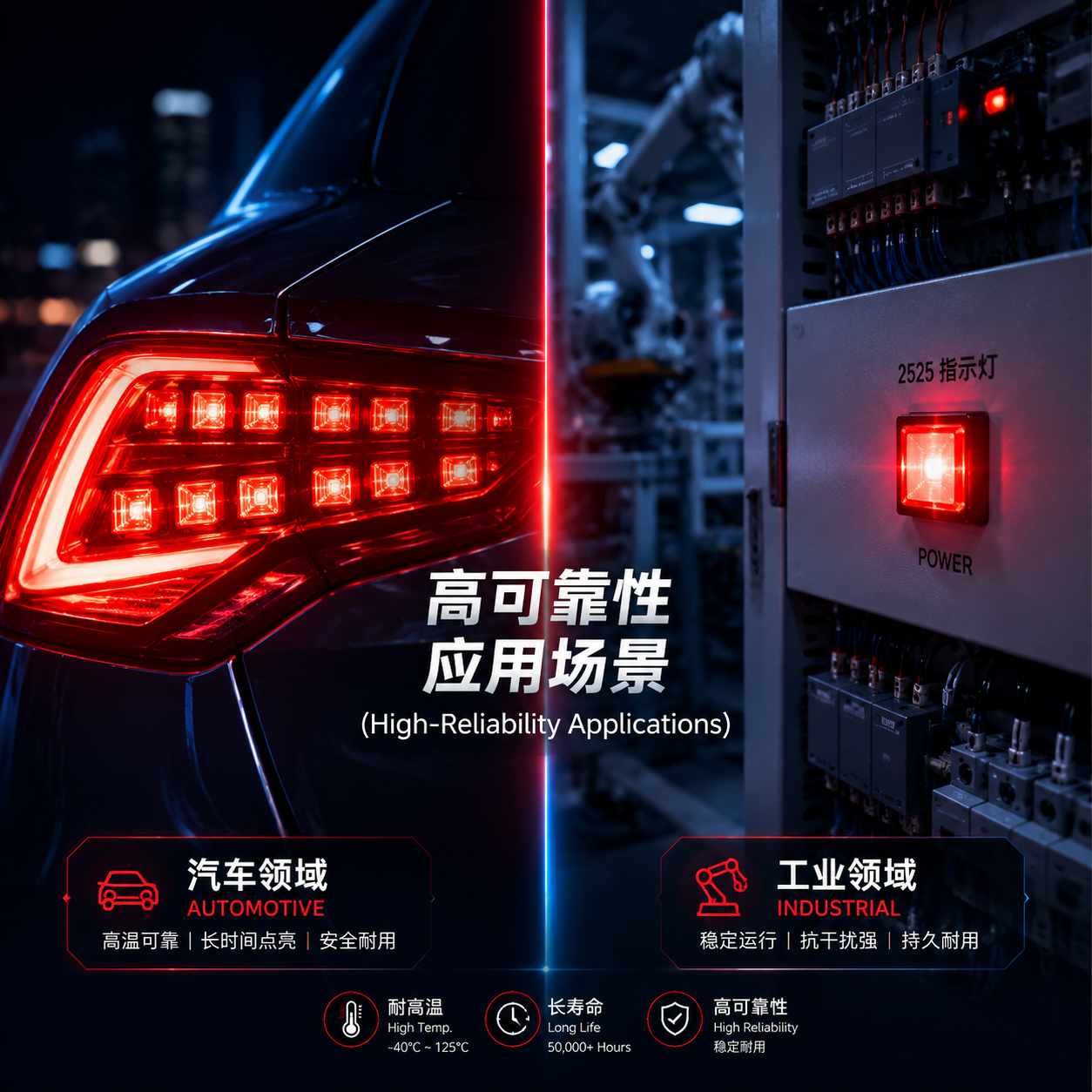 陶瓷2525红光灯珠在高可靠性应用场景的合成视觉图,展示其在汽车尾灯和工业设备指示灯中的应用。