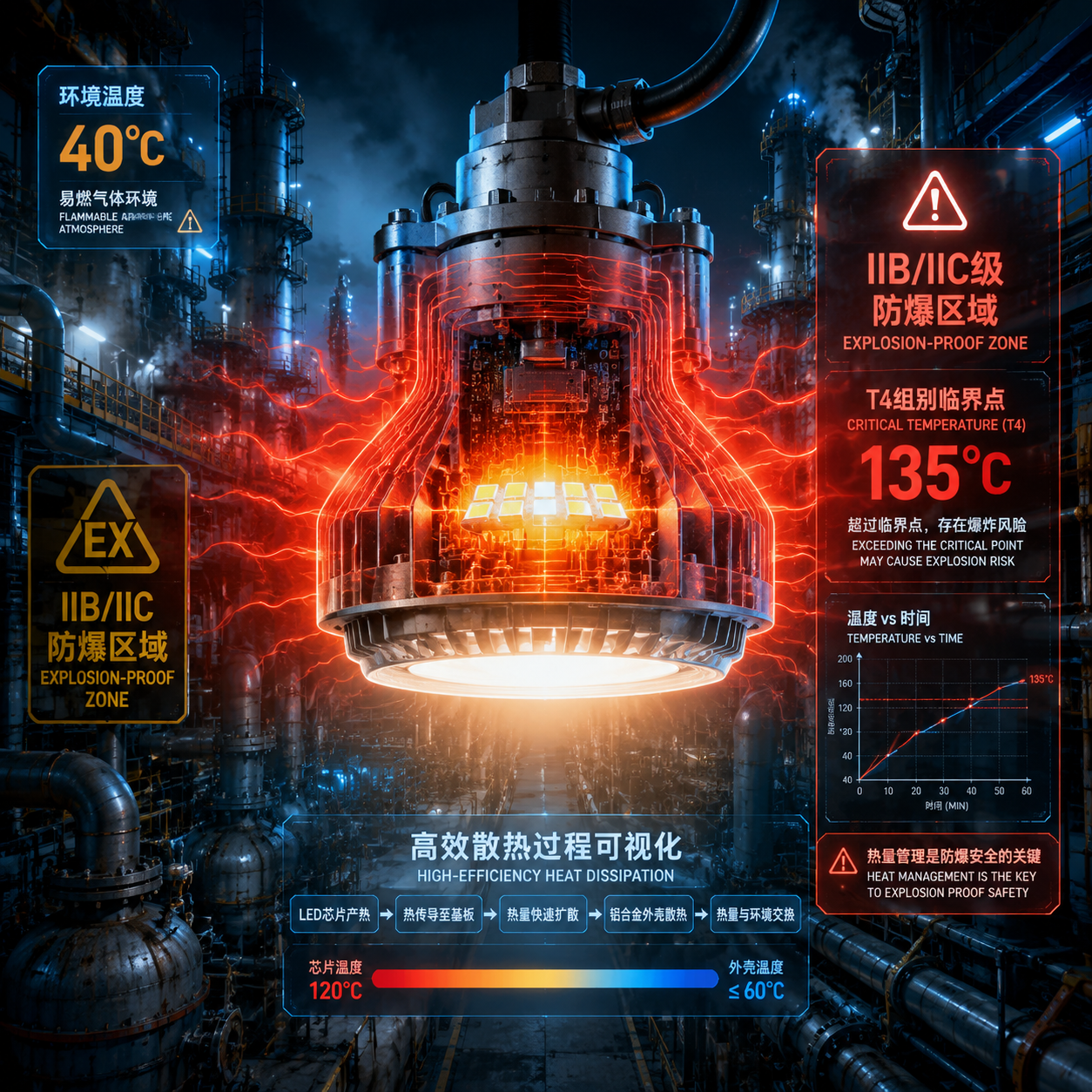 在40℃的IIB/IIC级防爆区域,一盏工业防爆灯正在工作,内部LED芯片的热量(红色波纹)正极速扩散到厚重外壳,强调热量管理对防止表面温度(T4组别135℃)失控的重要性。