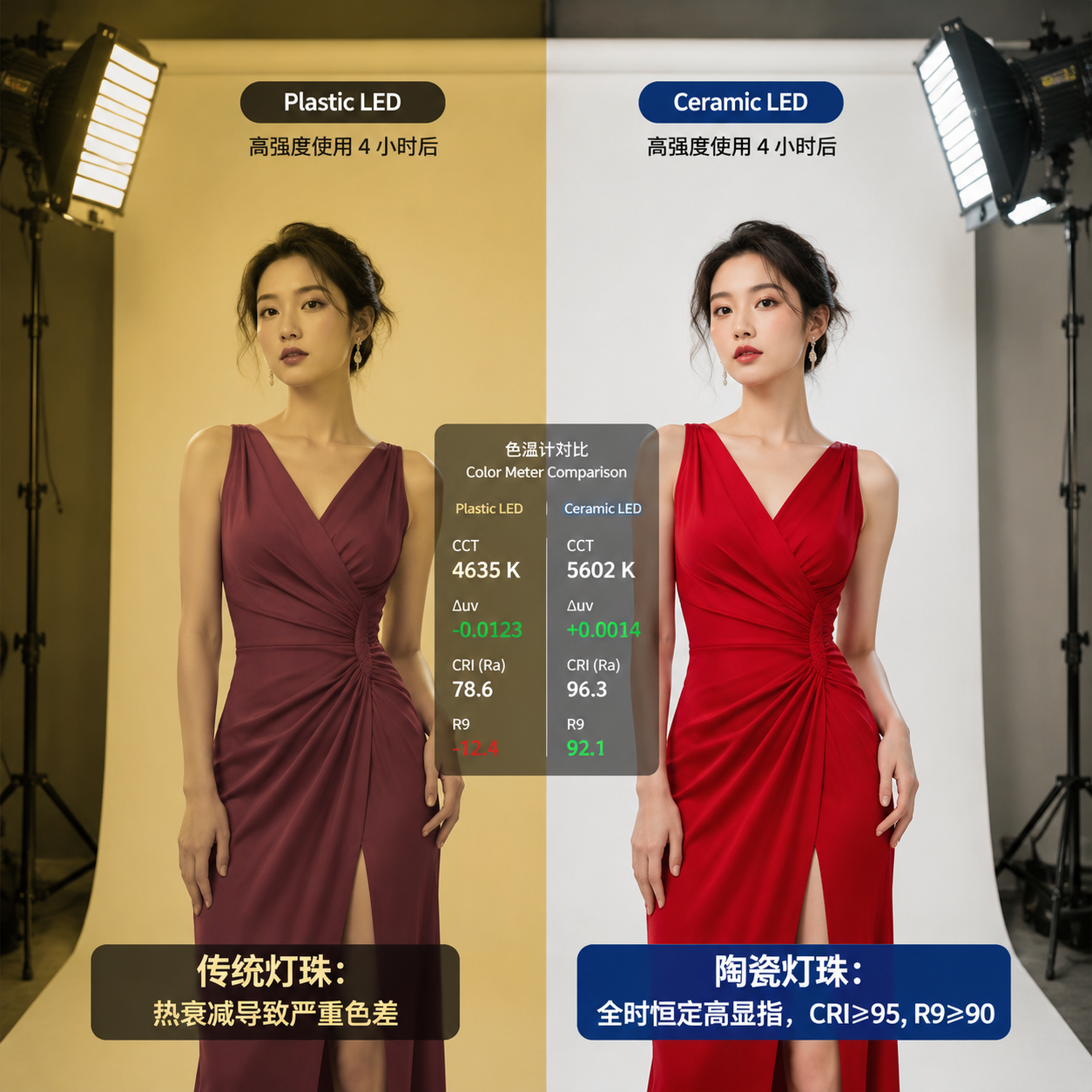 传统塑料封装灯珠与陶瓷灯珠在长时间使用后的色差对比,突出陶瓷灯珠全时恒定的高显指和色彩还原能力。