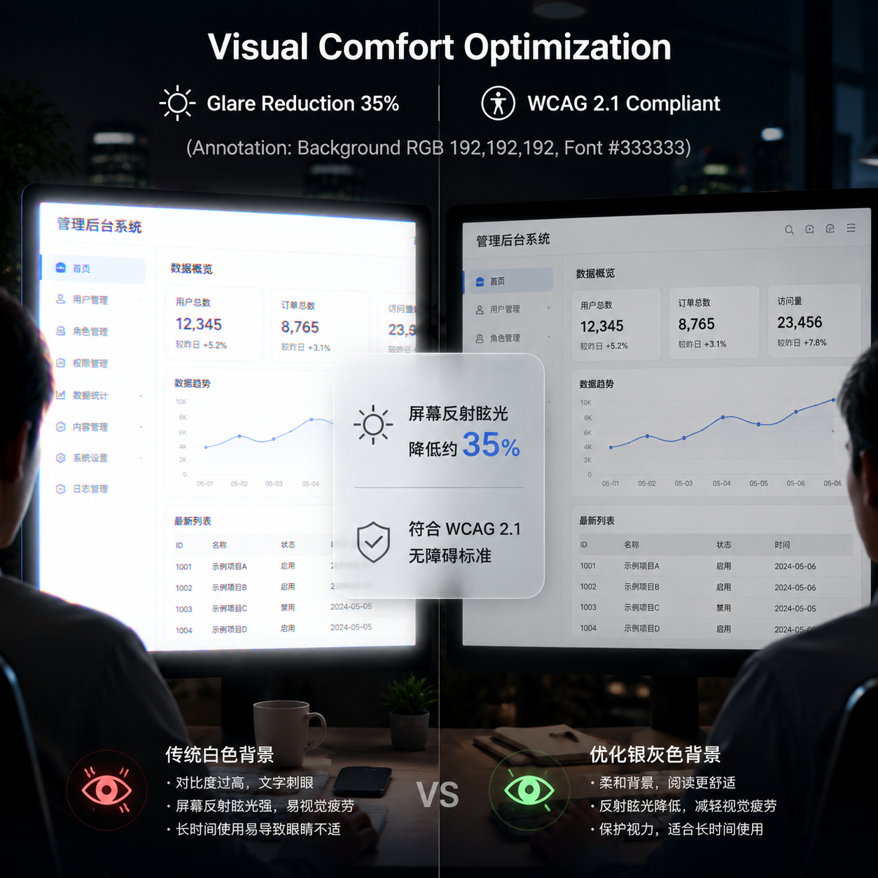 UI界面视觉舒适度对比图：左侧为纯白背景导致视觉疲劳的界面，右侧为采用RGB (192,192,192)银灰色背景和#333333深色文字的优化界面，显示屏幕反射眩光降低35%并符合WCAG 2.1无障碍标准，提升用户阅读体验。