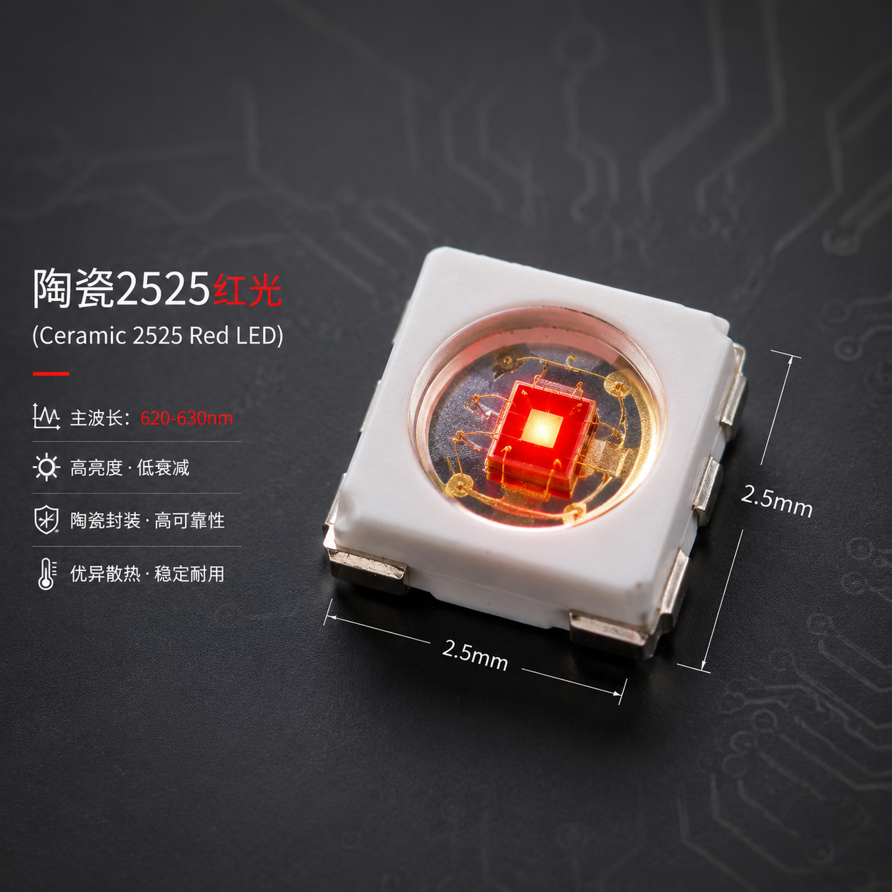 陶瓷2525红光灯珠特写,清晰展示其2.5×2.5mm尺寸、洁白陶瓷基板与深邃红光,突出工业级产品的专业与稳定性。