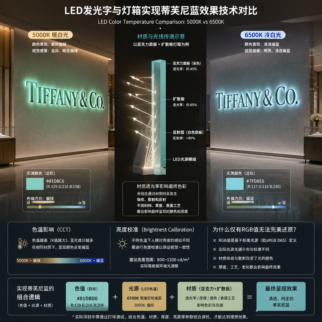 LED发光字和灯箱在不同色温（5000K暖白光与6500K冷白光）、材质透光率和亮度校准下，蒂芙尼蓝颜色呈现的视觉差异与技术实现对比。
