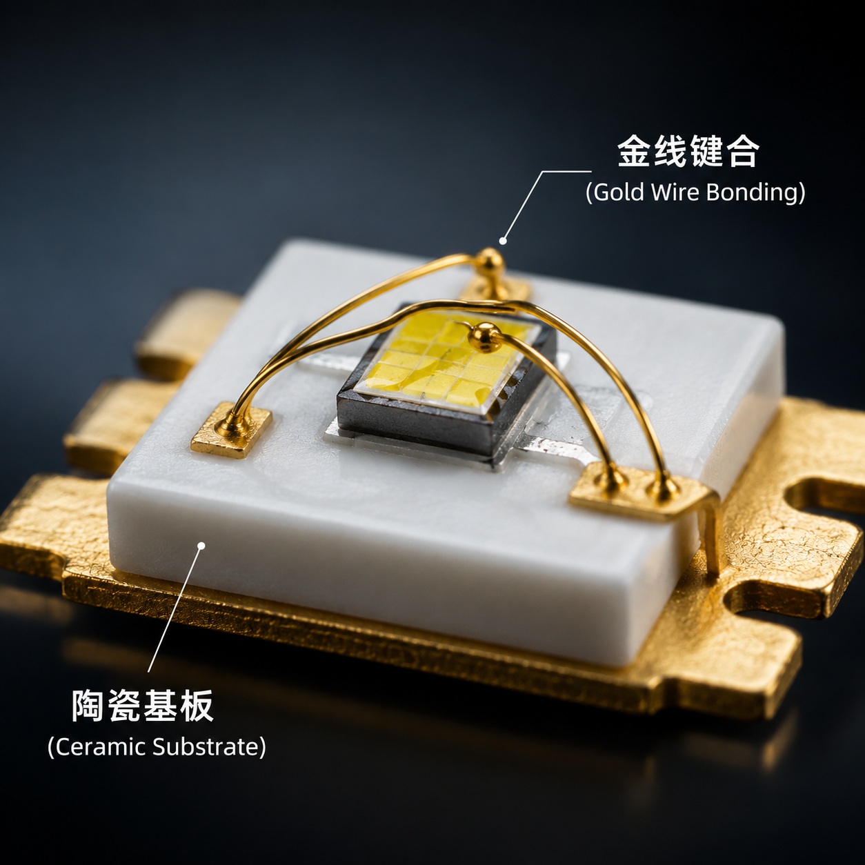 金线陶瓷灯珠内部结构特写，清晰展示陶瓷基板与金线键合的细节