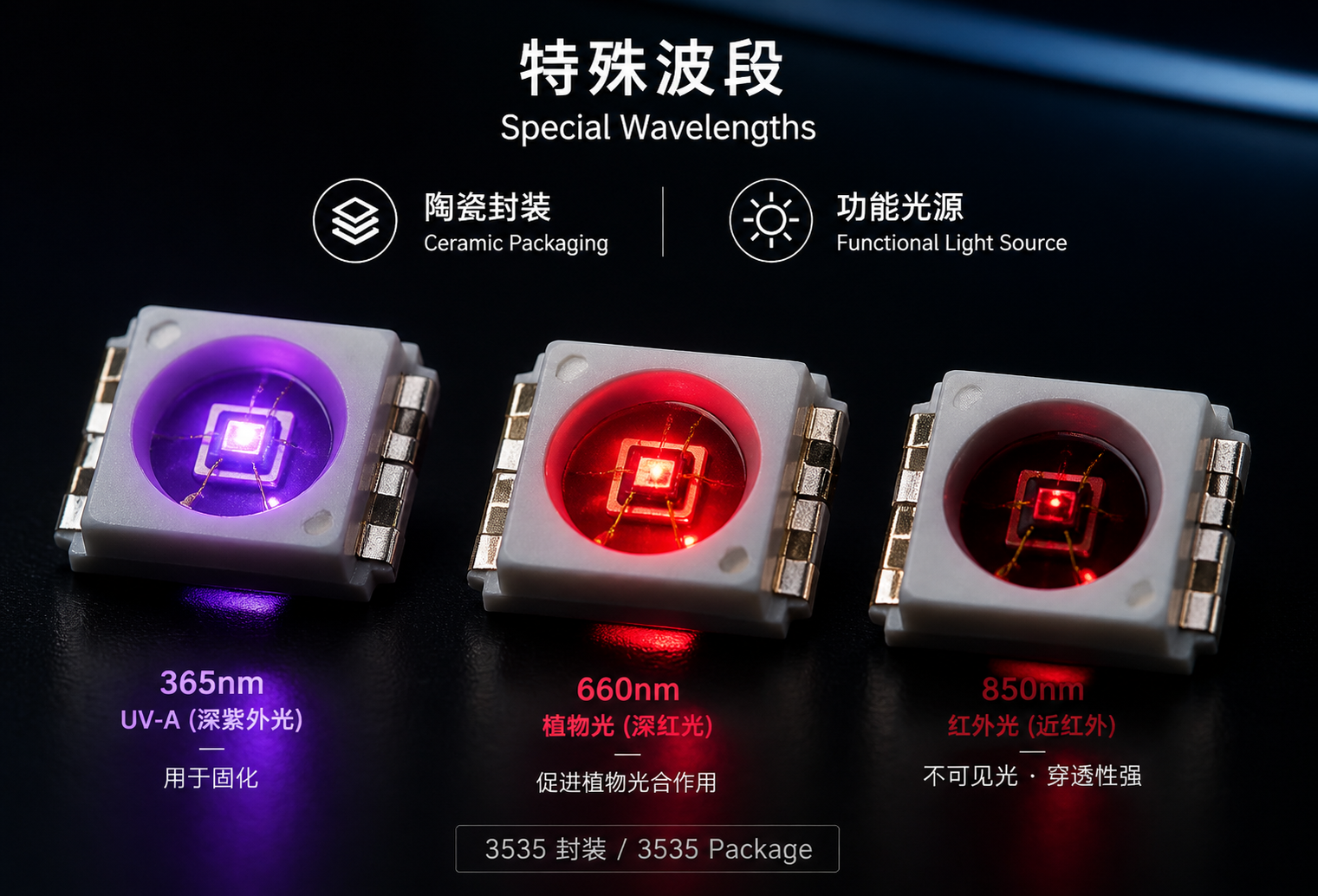 三颗不同波段的特殊波段陶瓷灯珠，展示UV-A、植物光和红外线，突显陶瓷封装与功能型光源特性