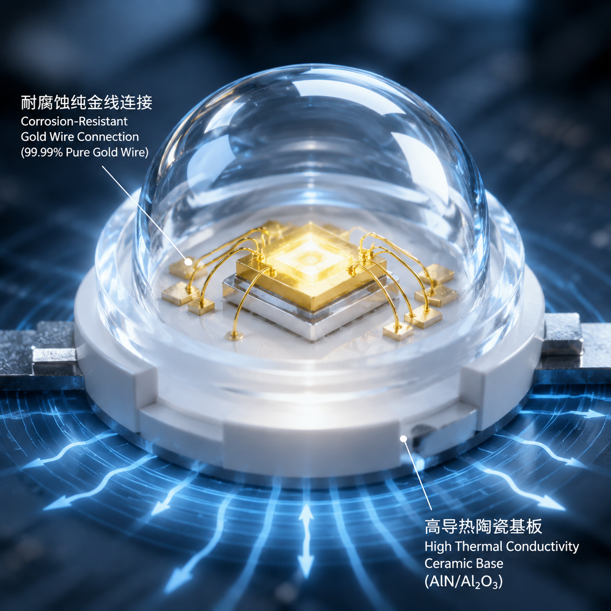 陶瓷封装 LED 灯珠内部结构：氧化铝/氮化铝基板与 99.99% 纯金线