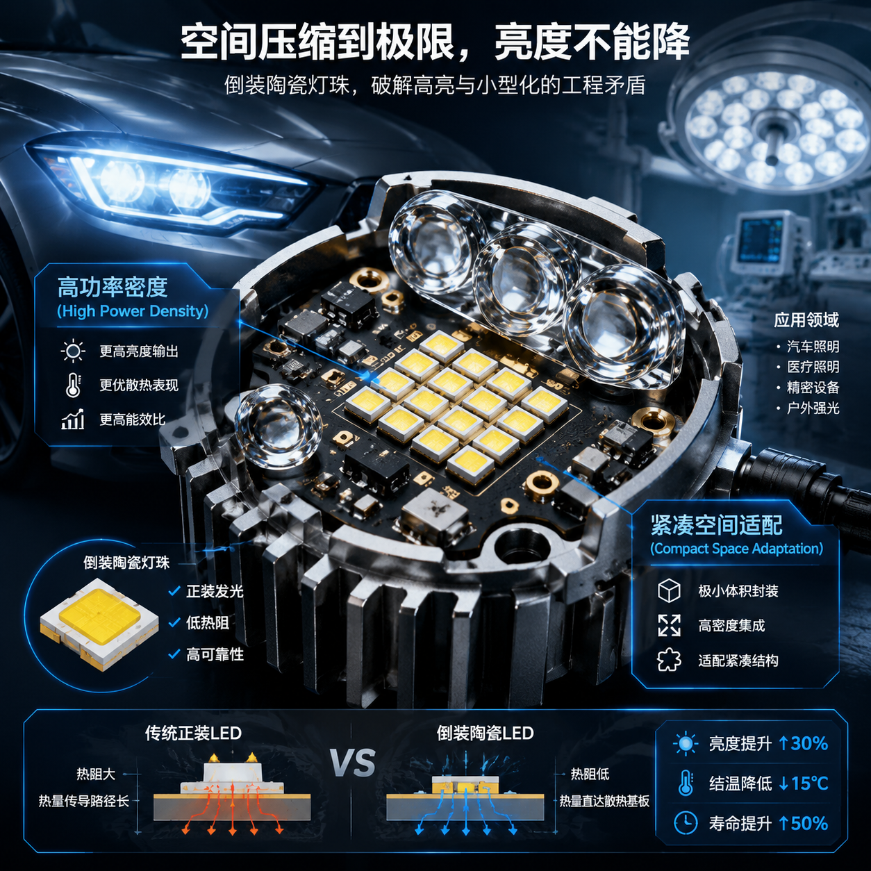 汽车LED大灯模组内部，高密度排布的倒装陶瓷灯珠在紧凑空间内实现高功率密度发光，并配有散热片。