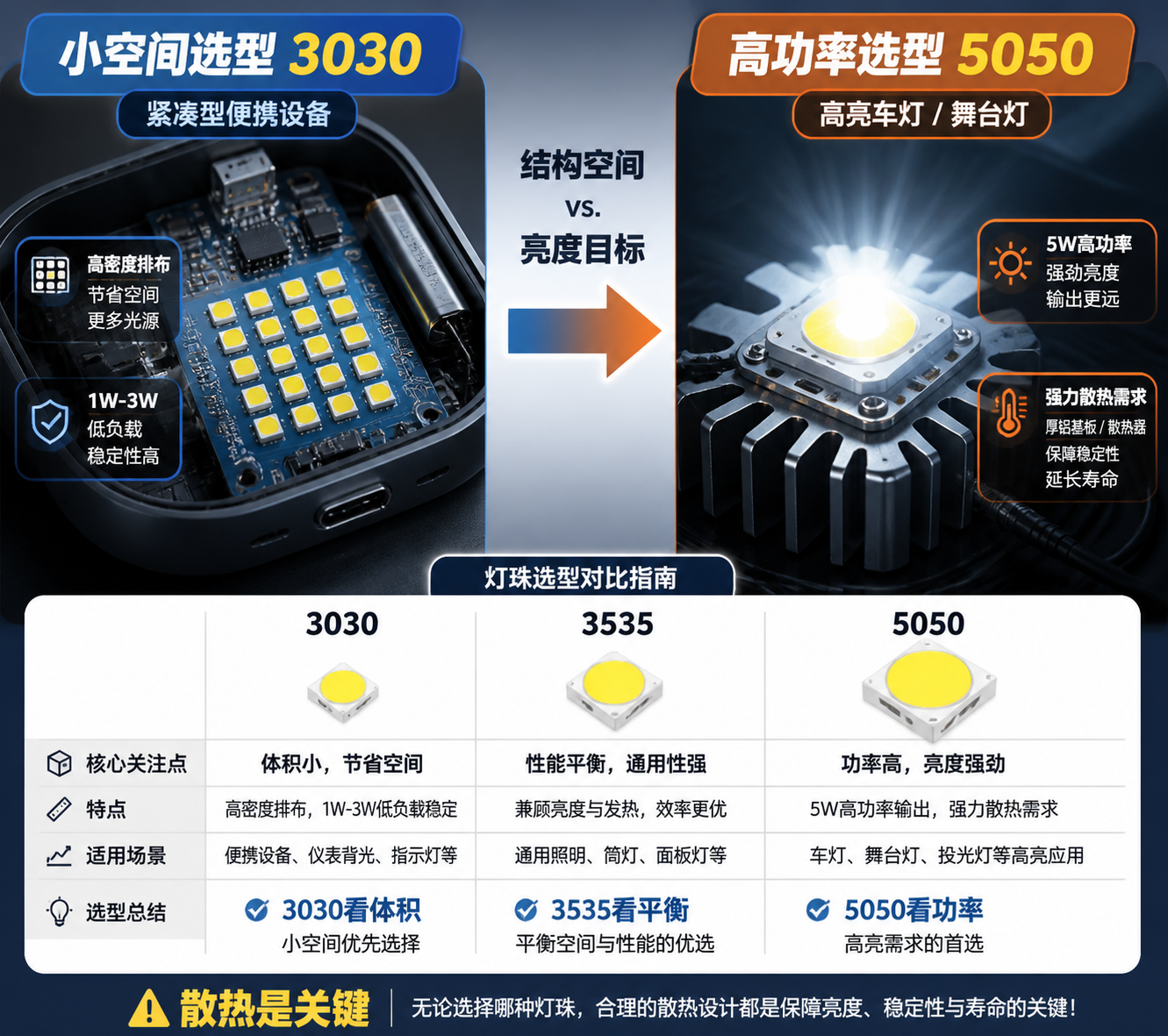 陶瓷灯珠有哪些常规尺寸？看懂3030、3535、5050与1-5W选型