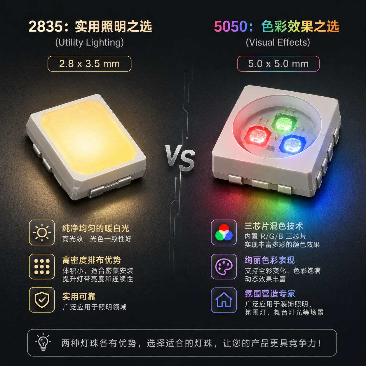2835和5050灯珠尺寸与功能对比图，2835灯珠呈长方形，强调白光照明；5050灯珠呈正方形，内部可见多芯片，强调RGB彩光和视觉效果。