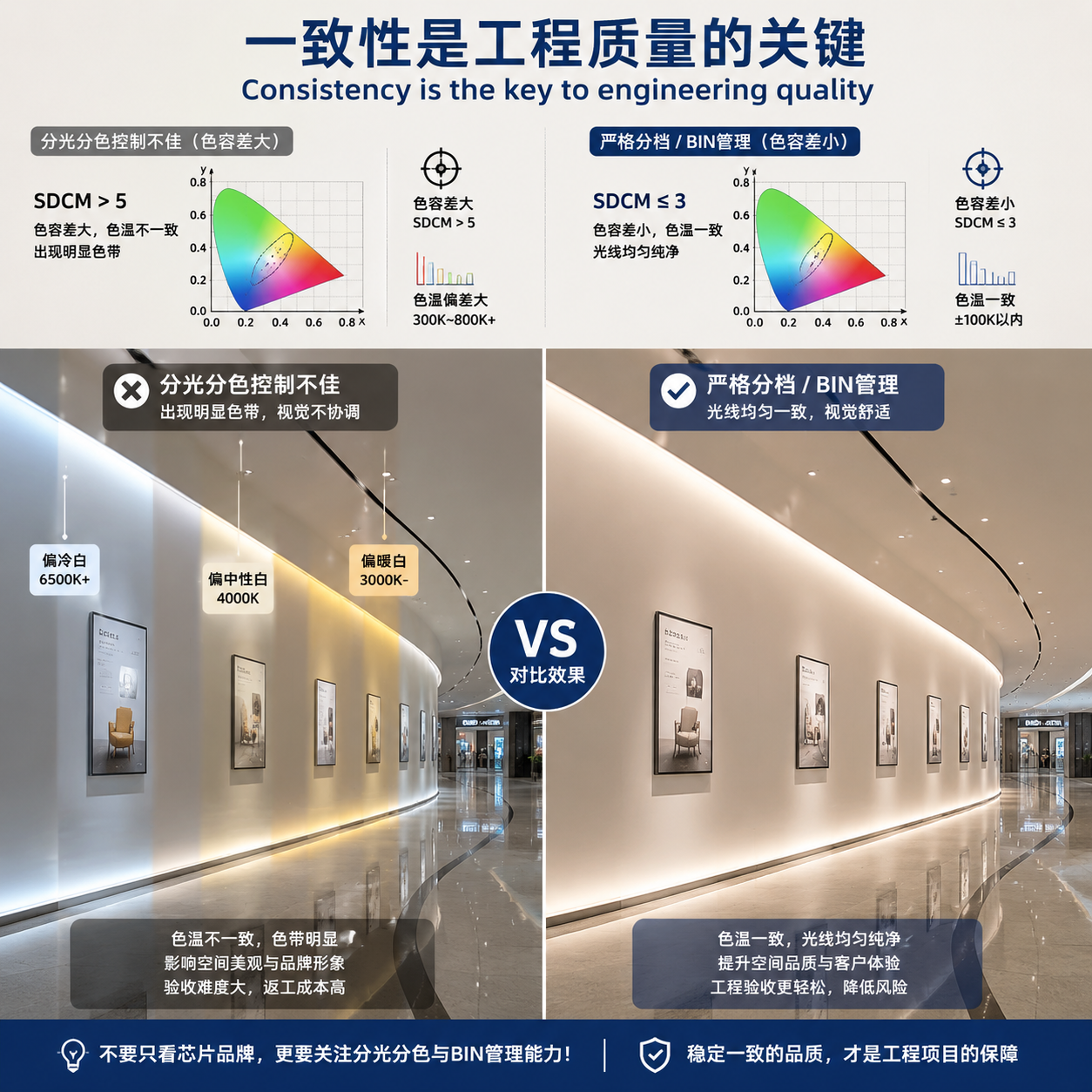 商业空间LED灯带效果对比图，左侧展示分光分色不佳导致的色差，右侧展示严格分档后的一致性效果。