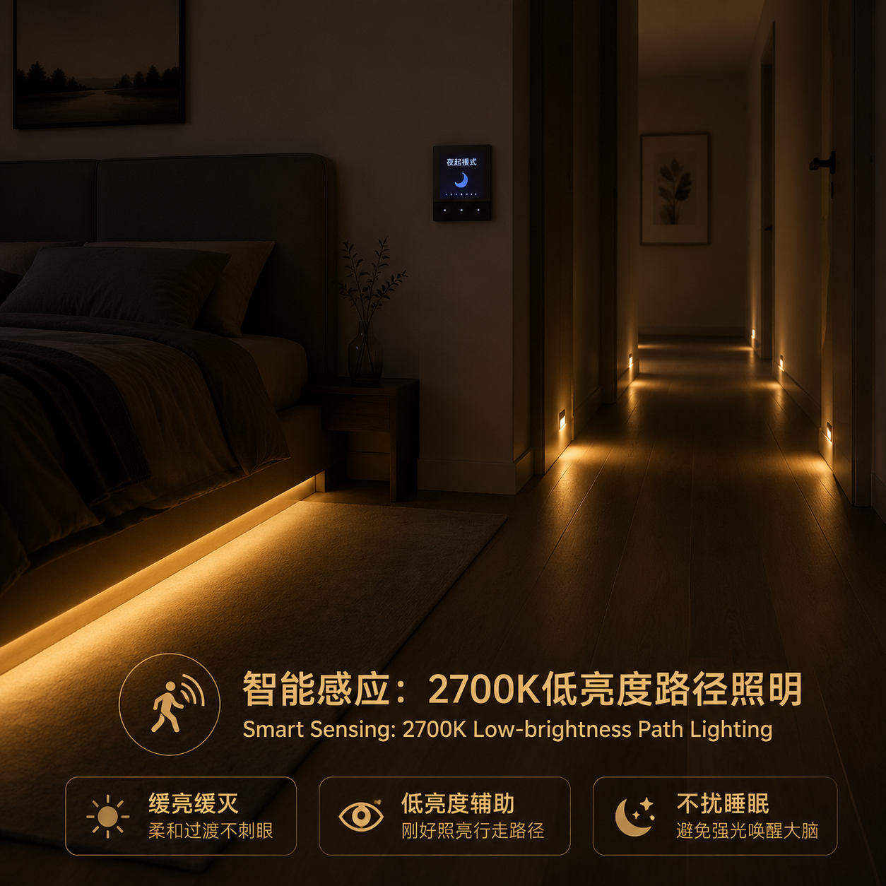 家庭夜起模式:卧室床底与走廊踢脚线智能感应低亮度暖光,避免夜间眩光