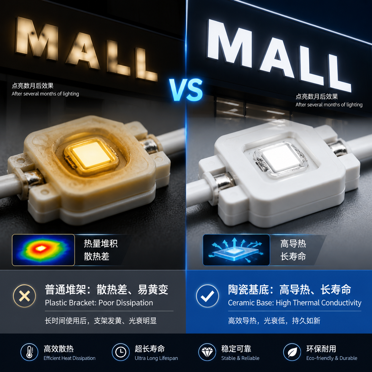 广告标识陶瓷灯珠与普通塑料支架灯珠的对比图，展示陶瓷灯珠在散热和寿命上的优势，以及对广告招牌亮度均匀性的影响。