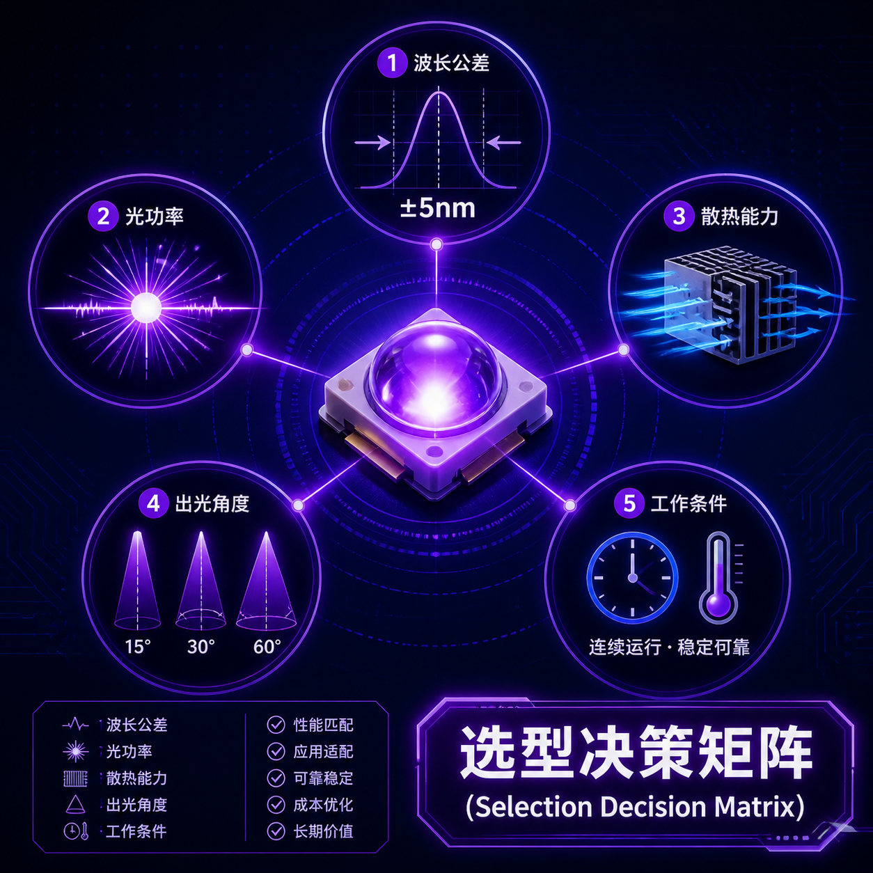 紫光陶瓷灯珠选型决策矩阵信息图,展示波长公差、光功率、散热、出光角度和工作条件等五大关键考量因素。