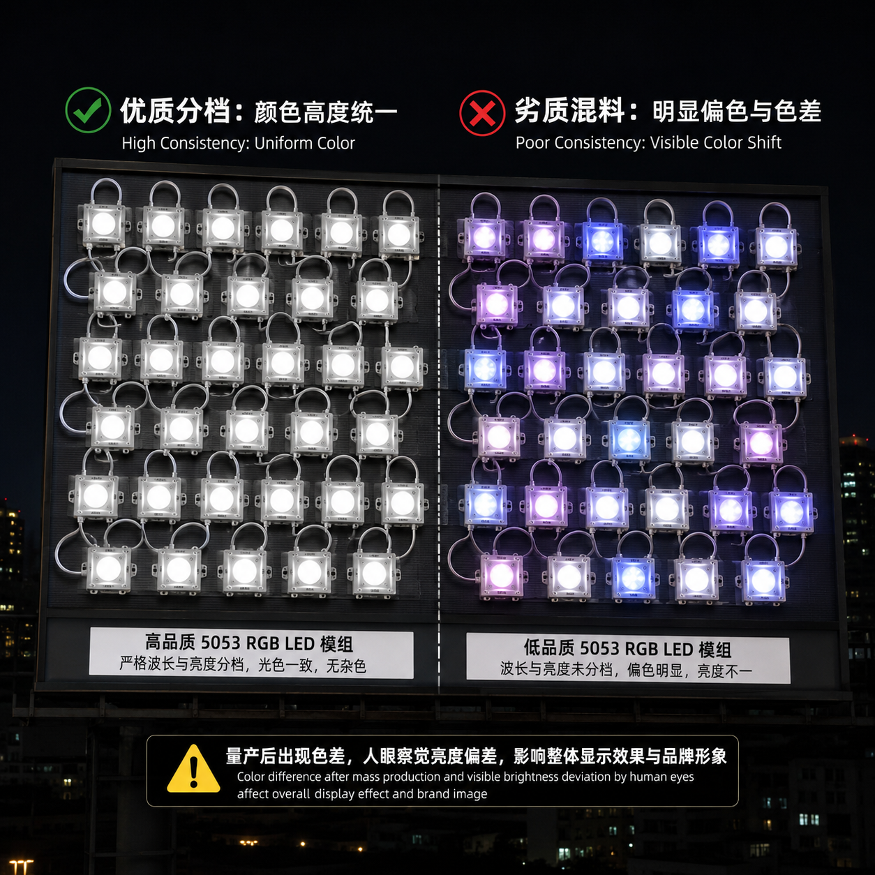 左右对比图展示了5053 RGB LED模组在广告标识项目中的色差问题:左侧为颜色高度统一的优质模组,右侧为存在明显偏色和亮度不均的劣质模组,强调了批次一致性和分档的重要性。
