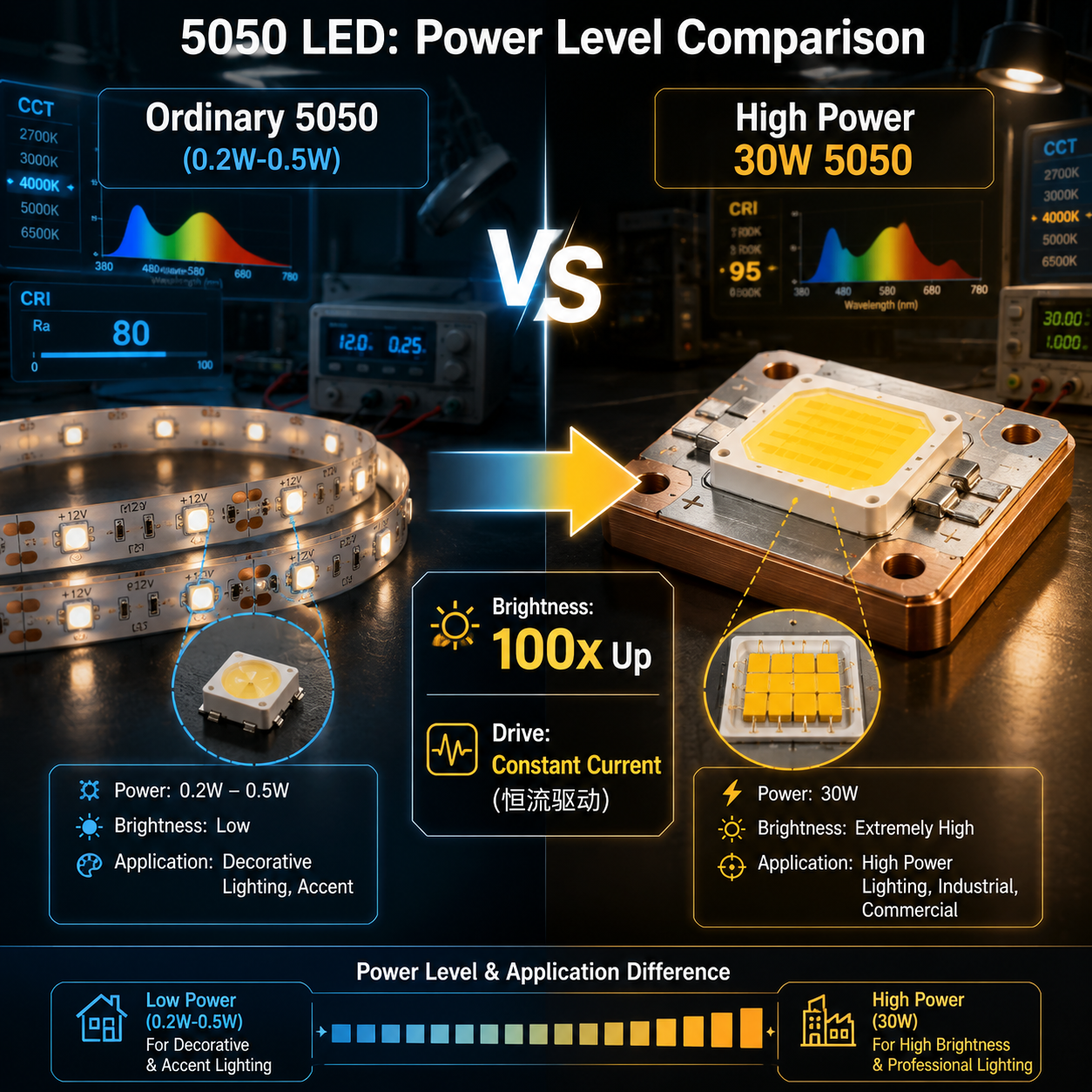 30W5050高功率灯珠与普通5050装饰灯带灯珠的对比图，强调其亮度、驱动方式和应用场景的显著差异。