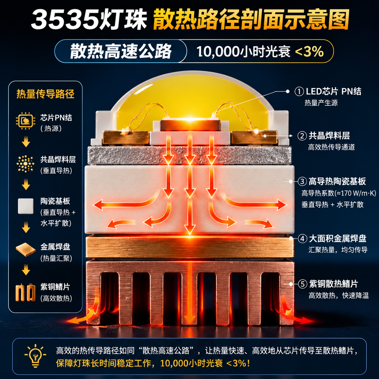 3535灯珠散热路径剖面示意图,展示热量从芯片经陶瓷基板传导至散热鳍片的流程
