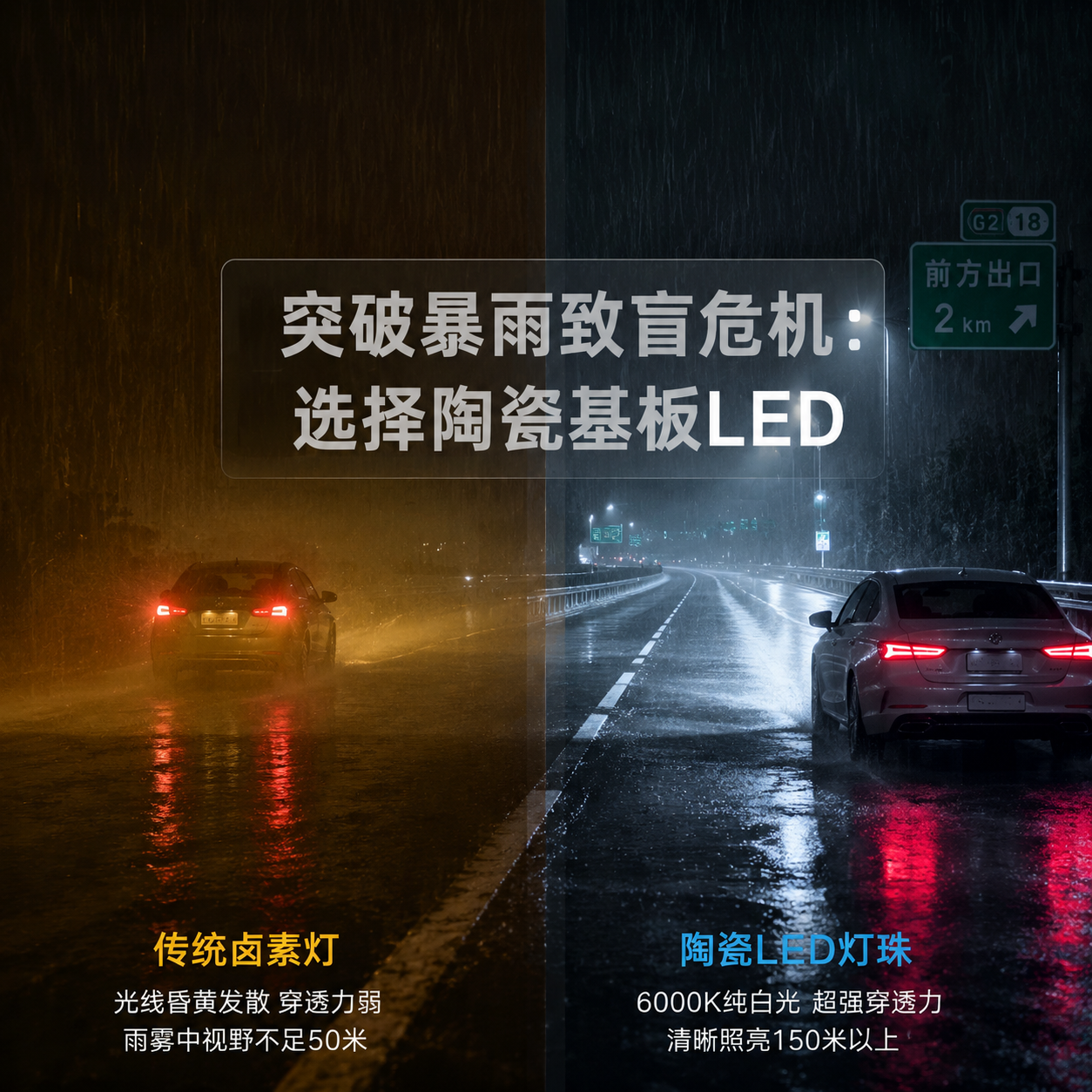 图示传统卤素灯与陶瓷LED灯珠在暴雨夜间的照明效果对比，突出陶瓷灯珠在恶劣天气下的优异穿透力和视野清晰度，解决夜雨致盲危机。