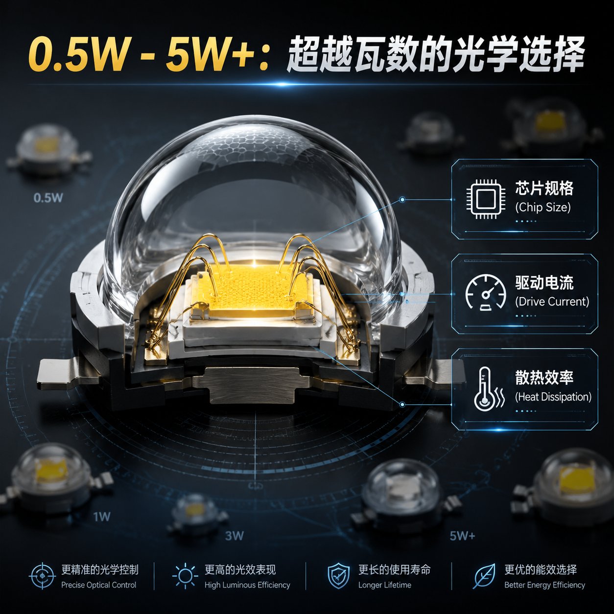 一张透镜LED灯珠的工业设计图,展示其内部结构与影响功率的关键变量,如芯片规格、驱动电流和散热效率,揭示瓦数范围0.5W-5W+。