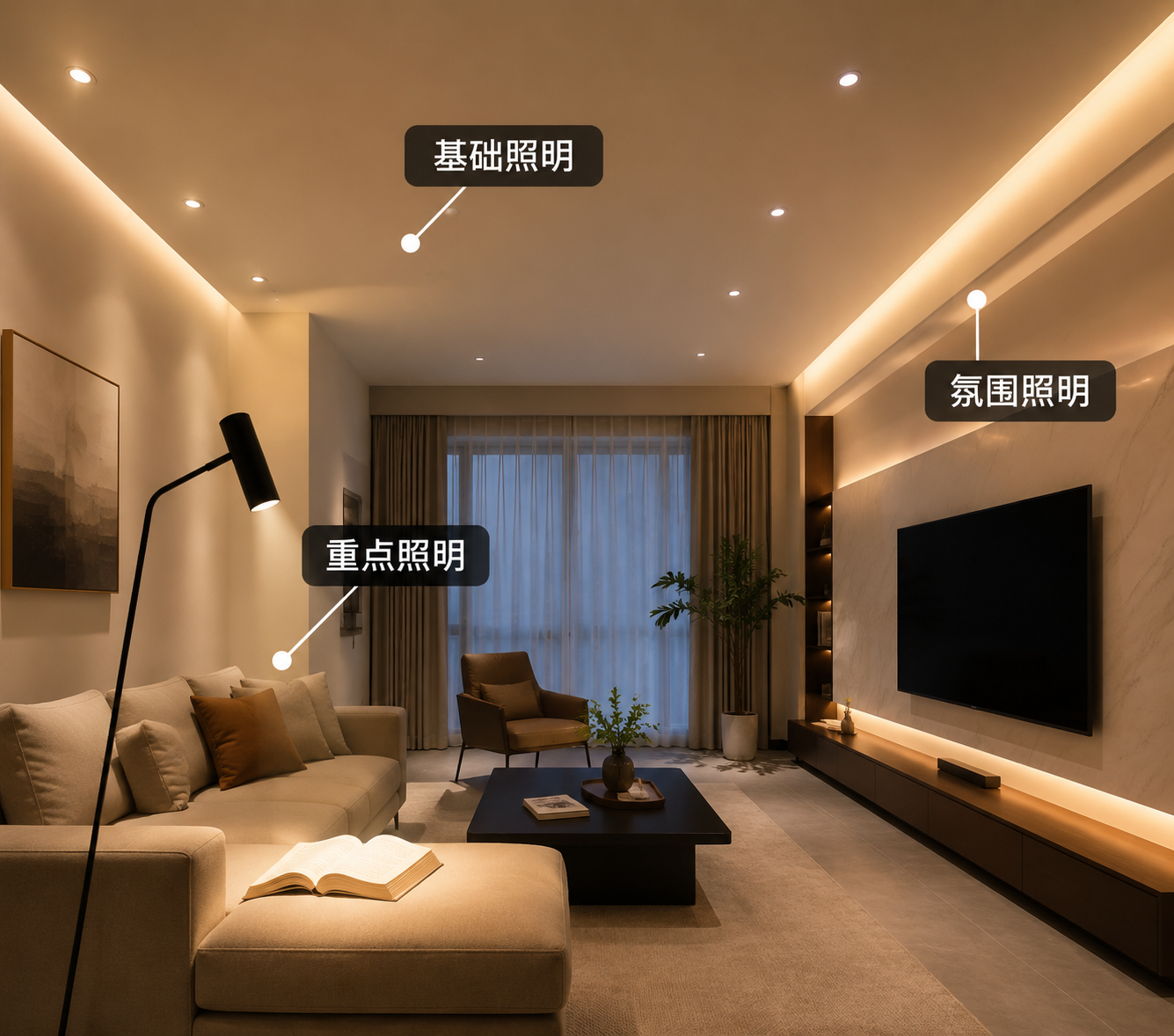 现代客厅三层照明设计:基础照明、重点照明与氛围照明