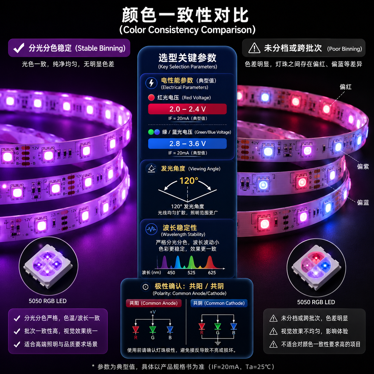 LED灯珠颜色一致性对比与关键选型参数示意图,展示分光分色对灯带效果的影响及电性、波长、极性等重要参数