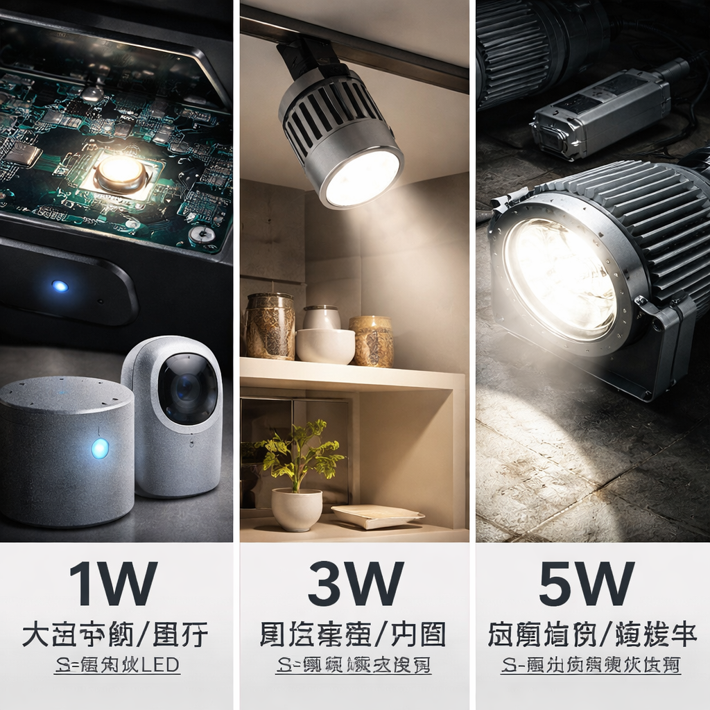1W、3W、5W陶瓷灯珠实景应用对比图：展示不同功率灯珠在小型空间、重点照明和高亮聚光场景下的应用与散热需求