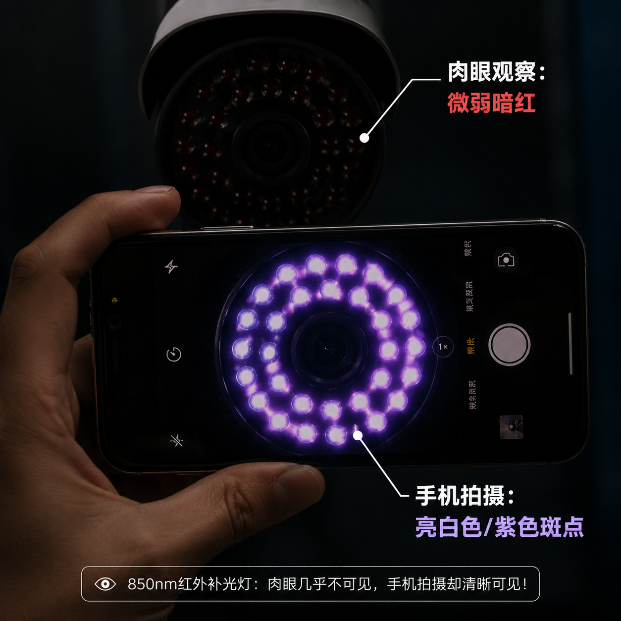 一只手拿着手机对准微弱发光的850nm红外灯,手机屏幕内显示为明显的紫白色亮斑,而肉眼观察下灯珠几乎不亮,直观对比手机拍摄近红外光的效果。