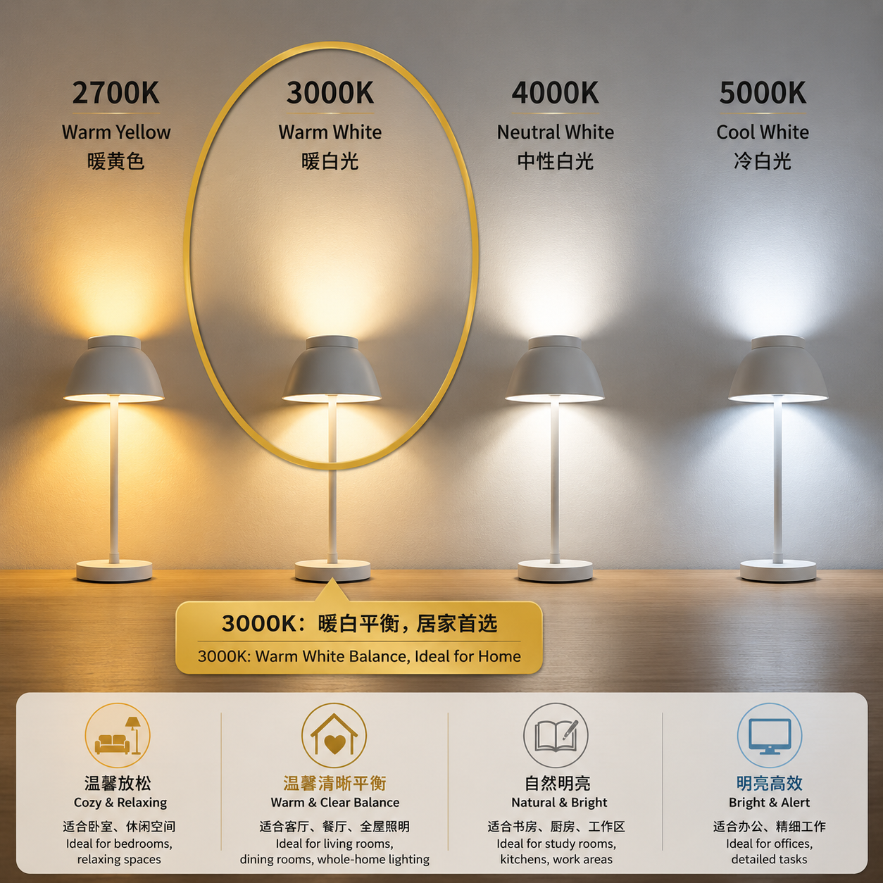 不同色温灯光效果对比图,从2700K暖黄到5000K冷白,突出3000K暖白光的平衡感。