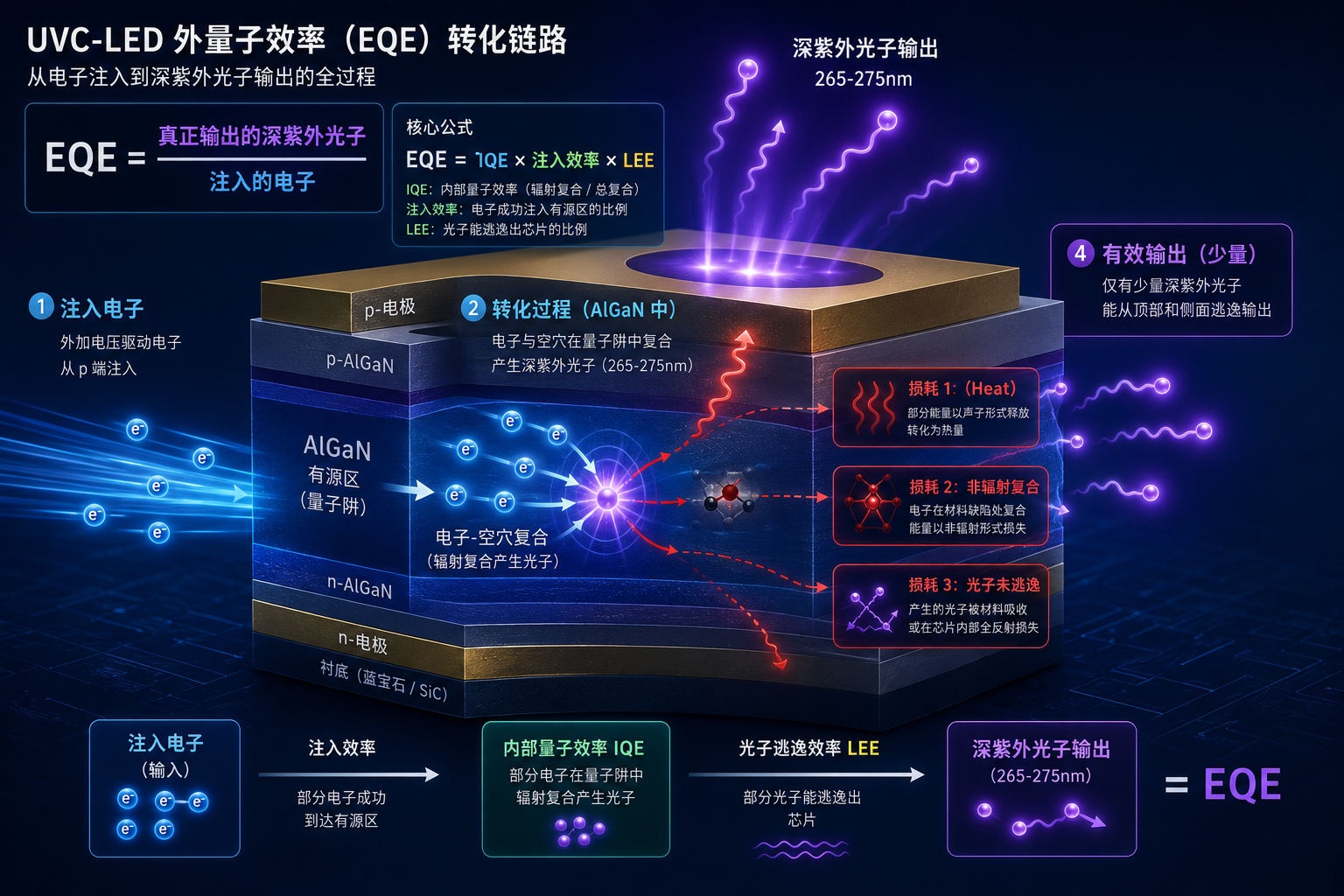 UVC-LED 外量子效率(EQE)转化链路概念图,展示电子注入、热量损耗、材料缺陷和深紫外光子输出的过程及公式 EQE = IQE × 注入效率 × LEE