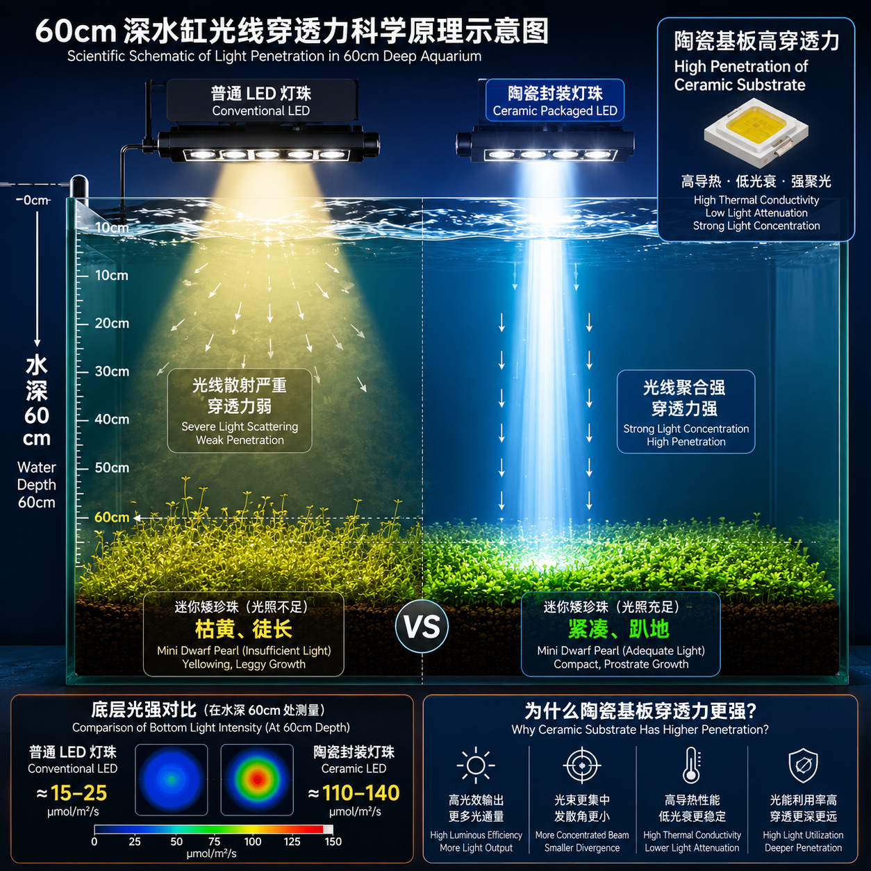60cm 深水缸光线穿透对比：普通 LED 与陶瓷封装灯珠