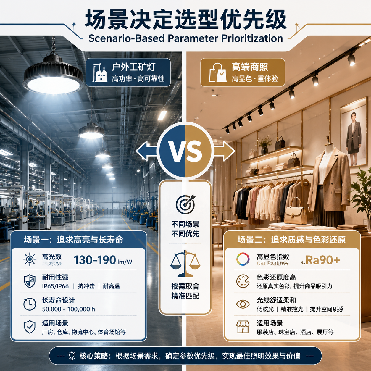 3535陶瓷灯珠选型场景对比图，左侧为户外工矿灯（追求高亮长寿命），右侧为商业照明（追求质感色彩还原）。