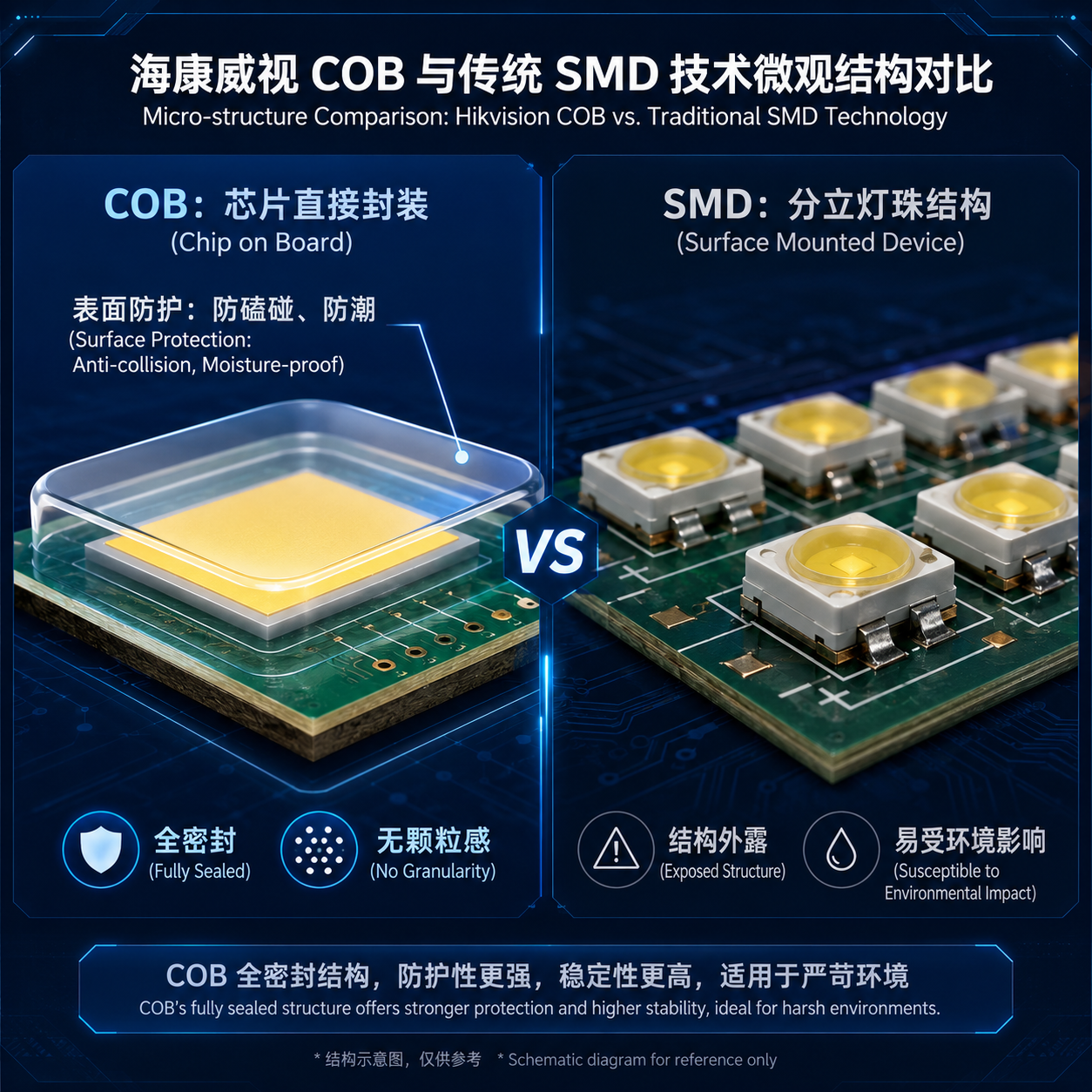 COB与SMD封装结构对比示意图，直观展示COB芯片直接封装与SMD分立灯珠的物理差异及其表面防护特性