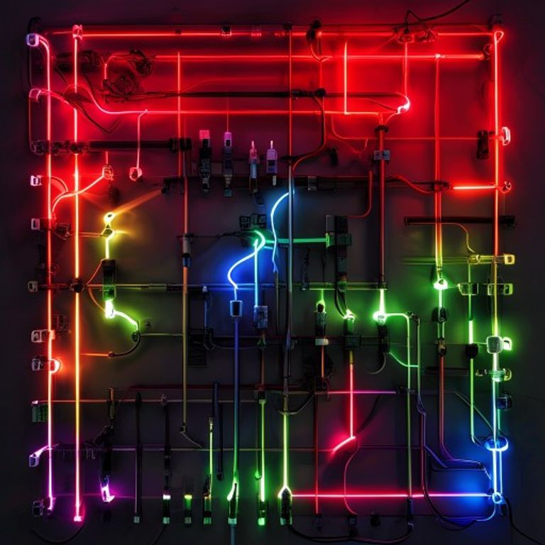 RGB LED series circuit wiring with separate R G B channels, current limiting resistors, DC power supply connection