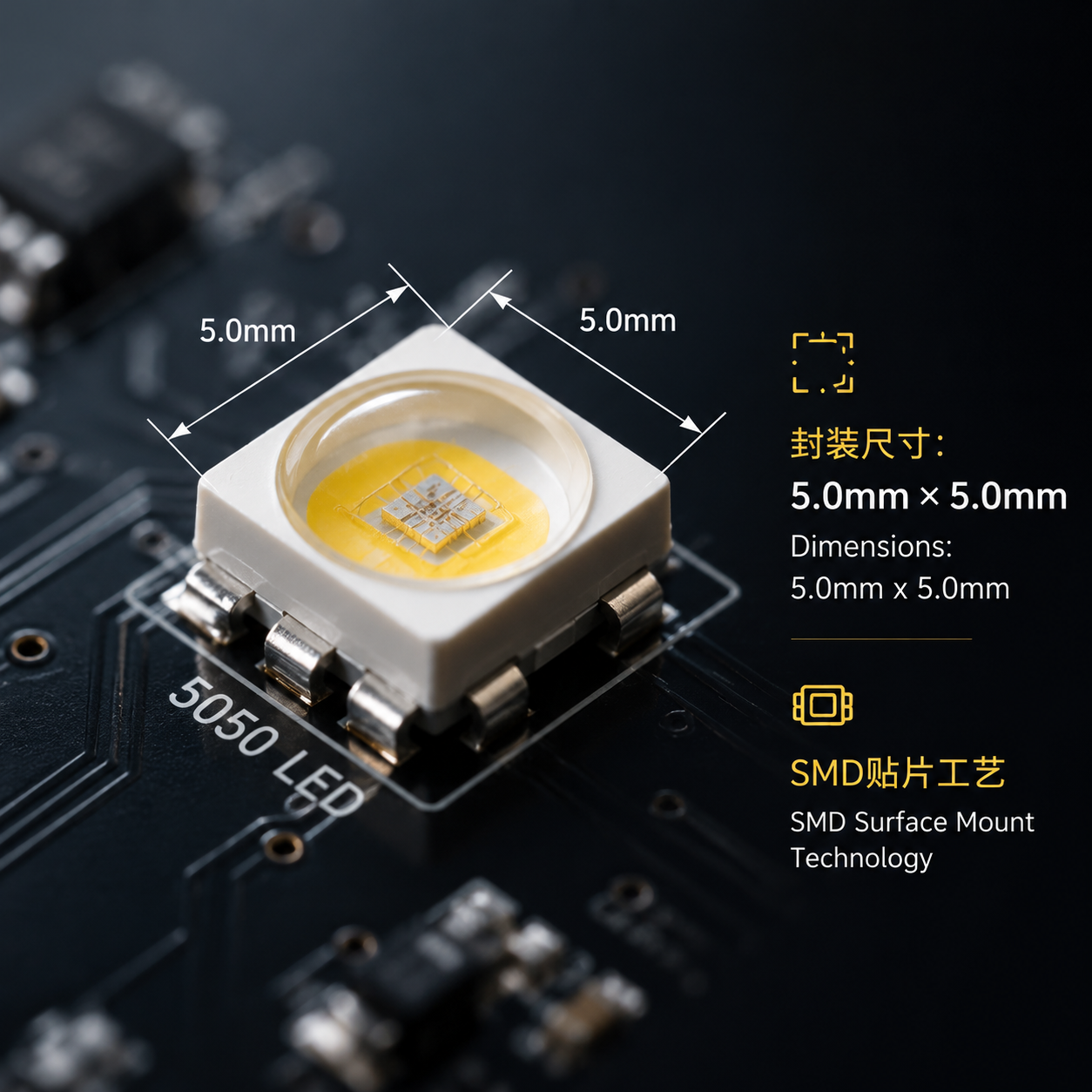 一张工业摄影风格图片,展示一颗5050 LED灯珠在PCB上的特写,清晰标注其尺寸为5.0mm × 5.0mm,并标有SMD贴片工艺,显示其封装细节和内部结构。