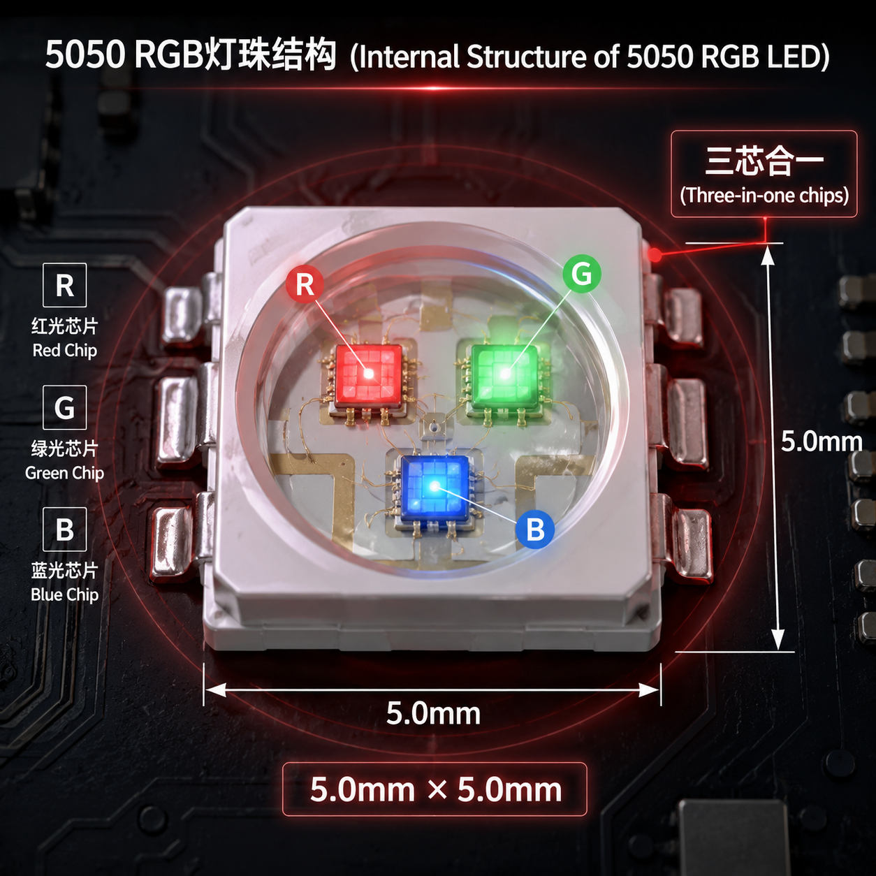 5050 RGB灯珠的内部结构图,清晰展示其5.0x5.0mm的尺寸和内部封装的红、绿、蓝三颗独立LED芯片,周围有淡红色光晕暗示工作时的发热。