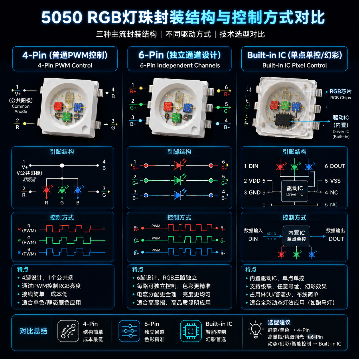 5050 RGB灯珠的封装结构与控制方式对比图，展示了4脚、6脚和内置IC灯珠的区别及其对应的驱动模式