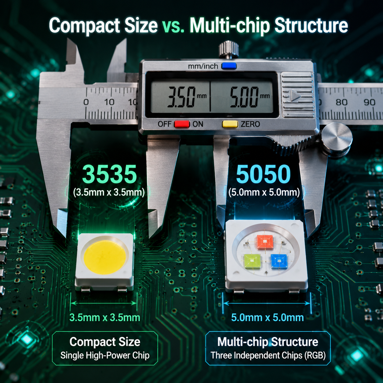 3535和5050LED灯珠尺寸与结构对比图，展示3.5x3.5mm的3535单芯片灯珠和5.0x5.0mm的5050多芯片RGB灯珠在PCB板上的区别。