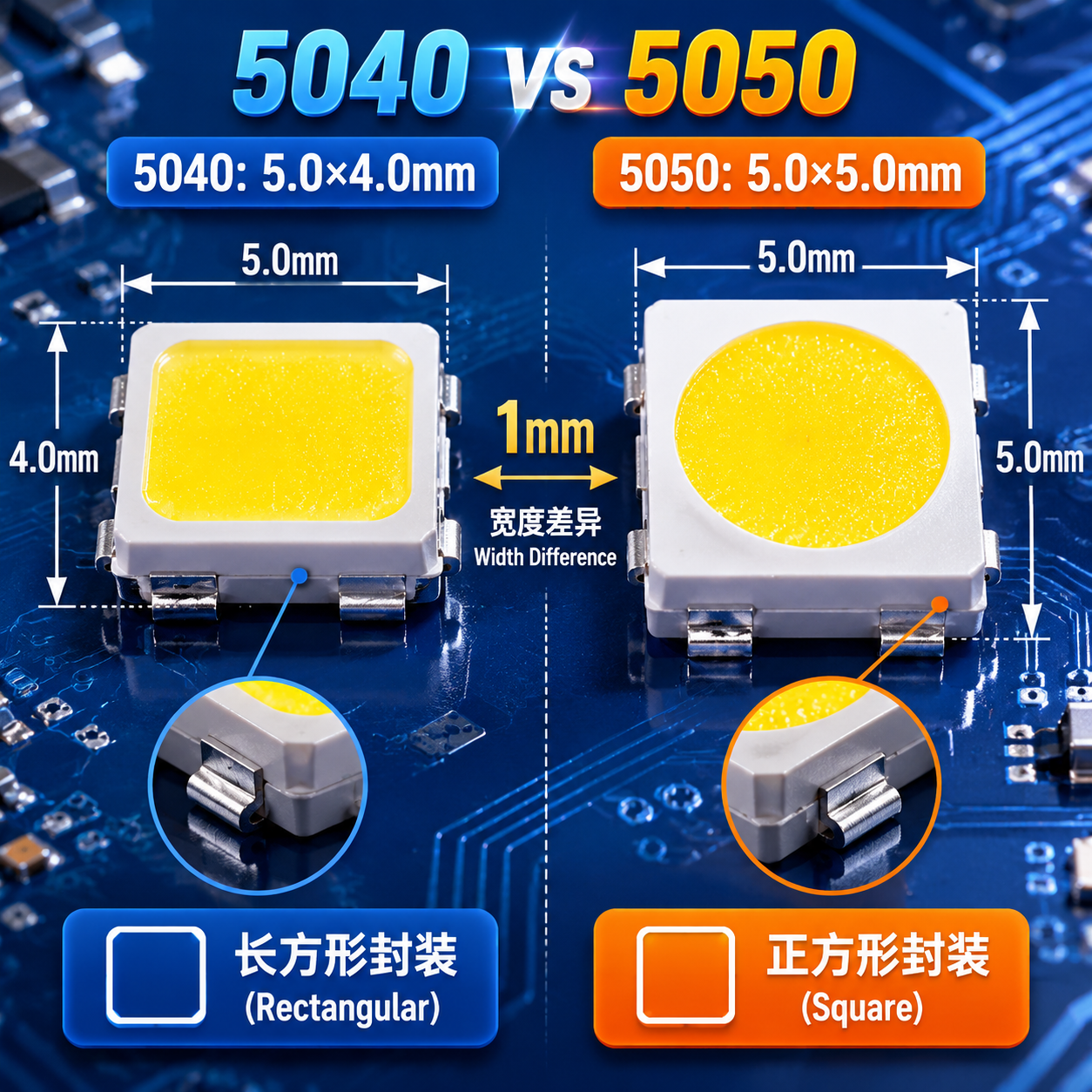 一张对比图,展示5040灯珠(5.0×4.0mm长方形)和5050灯珠(5.0×5.0mm正方形)在尺寸和外观上的主要区别
